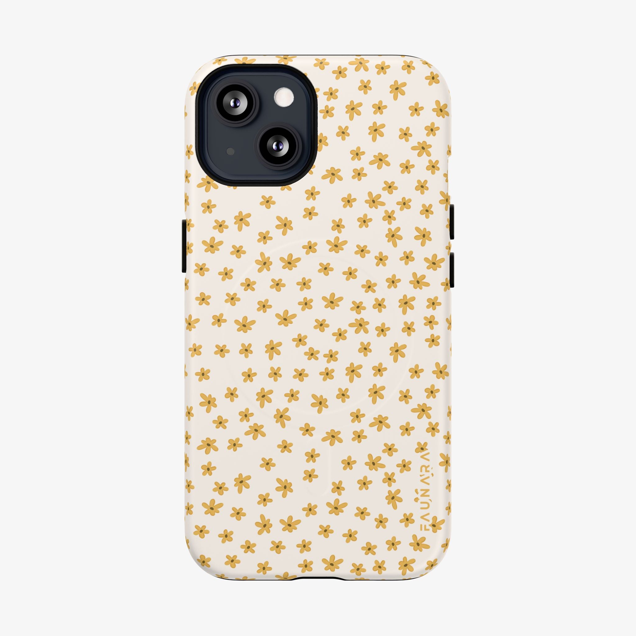 Phone case with yellow floral pattern on a light yellow background