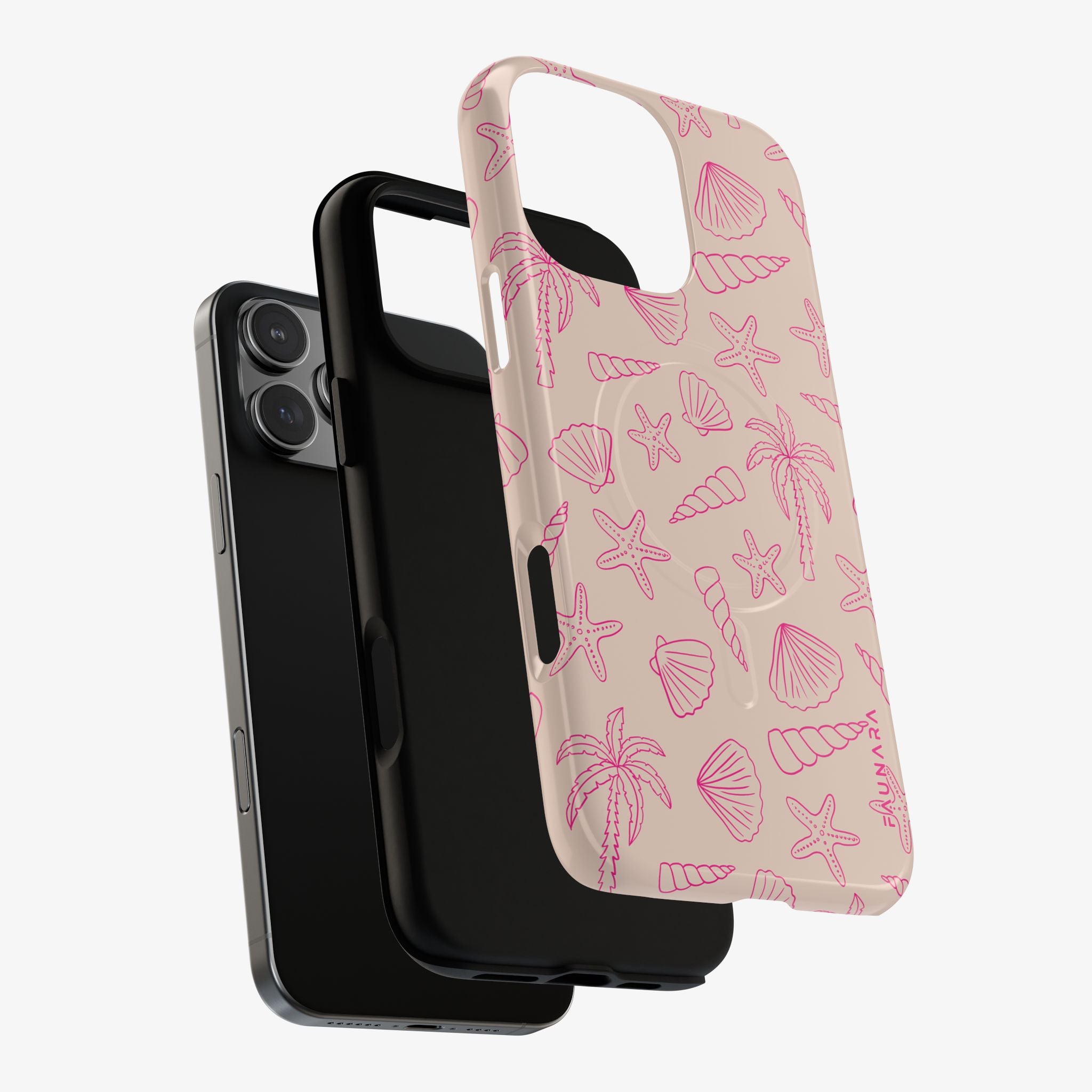 Shoreline | Signature Series Phone Case (MagSafe) featuring a beige background with pink palm tree, seashell, and starfish patterns for stylish and protective phone case accessories.
