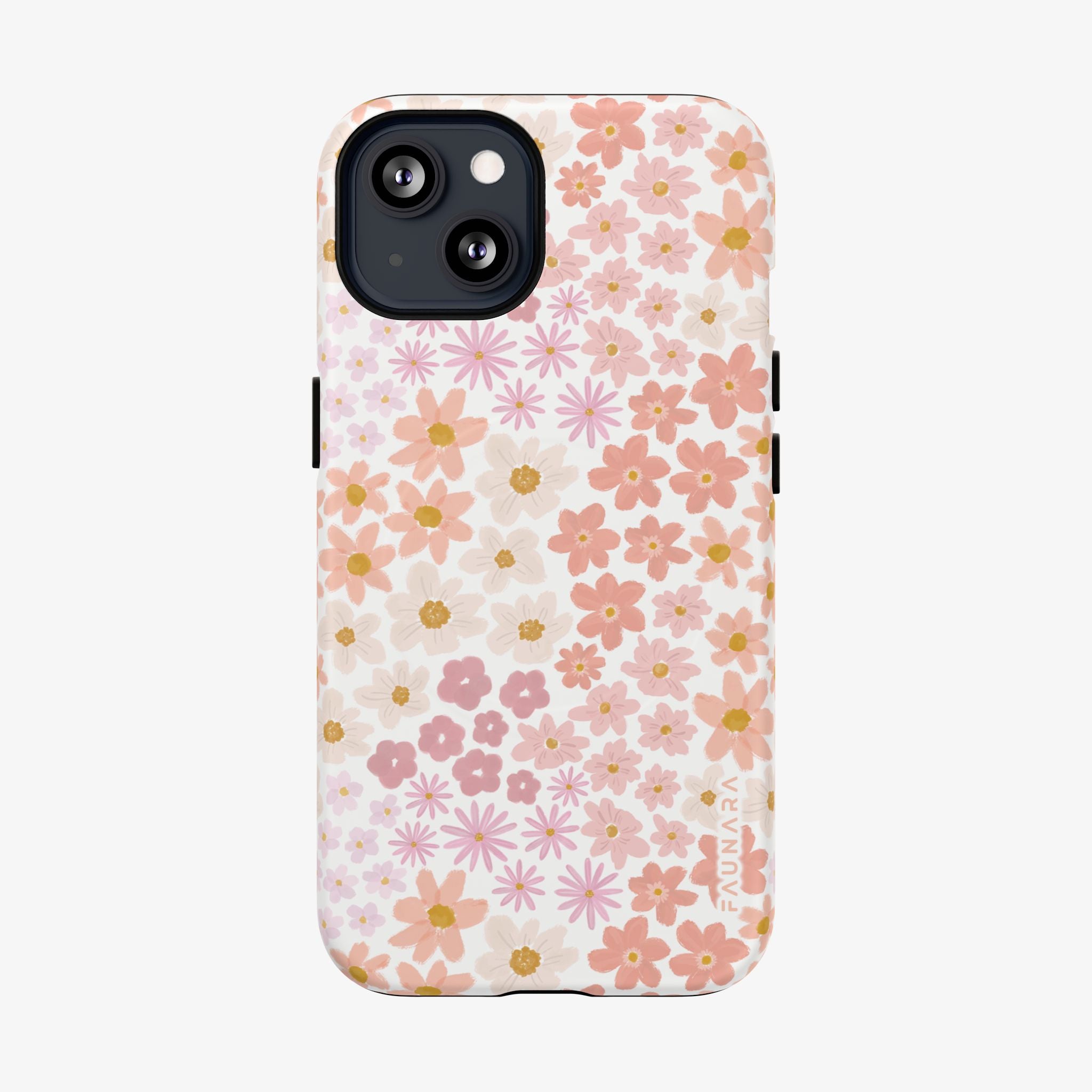 Phone case with a pink floral pattern on a white background