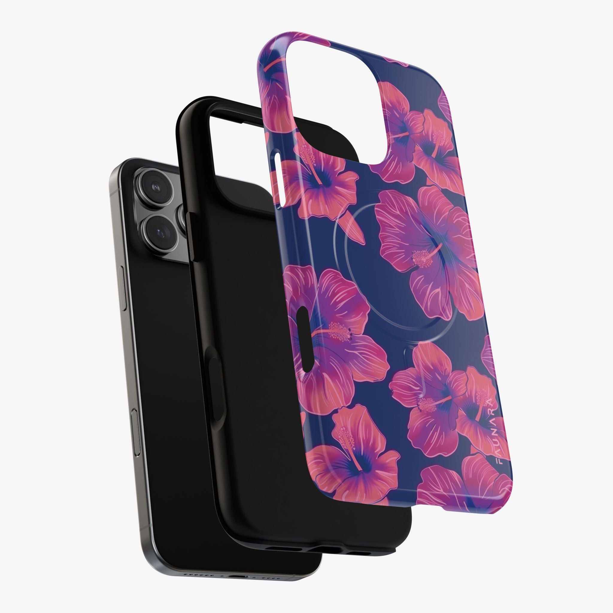 Maui Mood | Signature Series Phone Case (MagSafe) featuring vibrant pink hibiscus flowers on a deep blue background, designed as a stylish and protective phone case accessory.