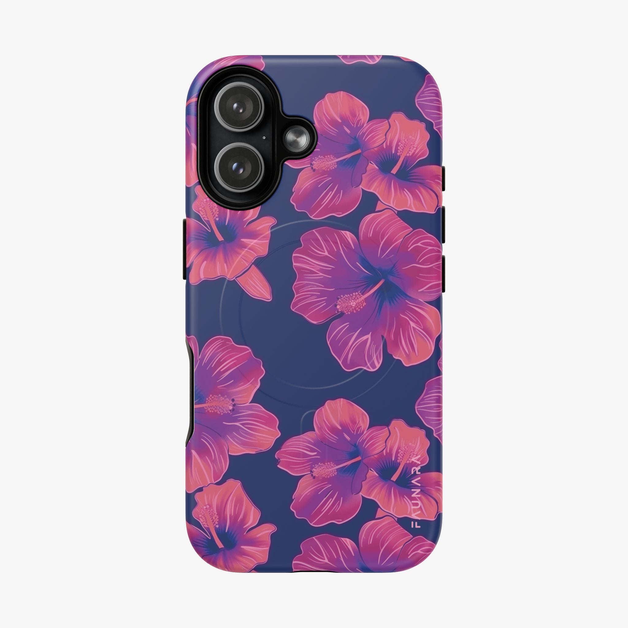 Maui Mood | Signature Series Phone Case (MagSafe) featuring a navy background with vibrant pink and purple hibiscus flowers, designed as a stylish and protective phone case accessory.