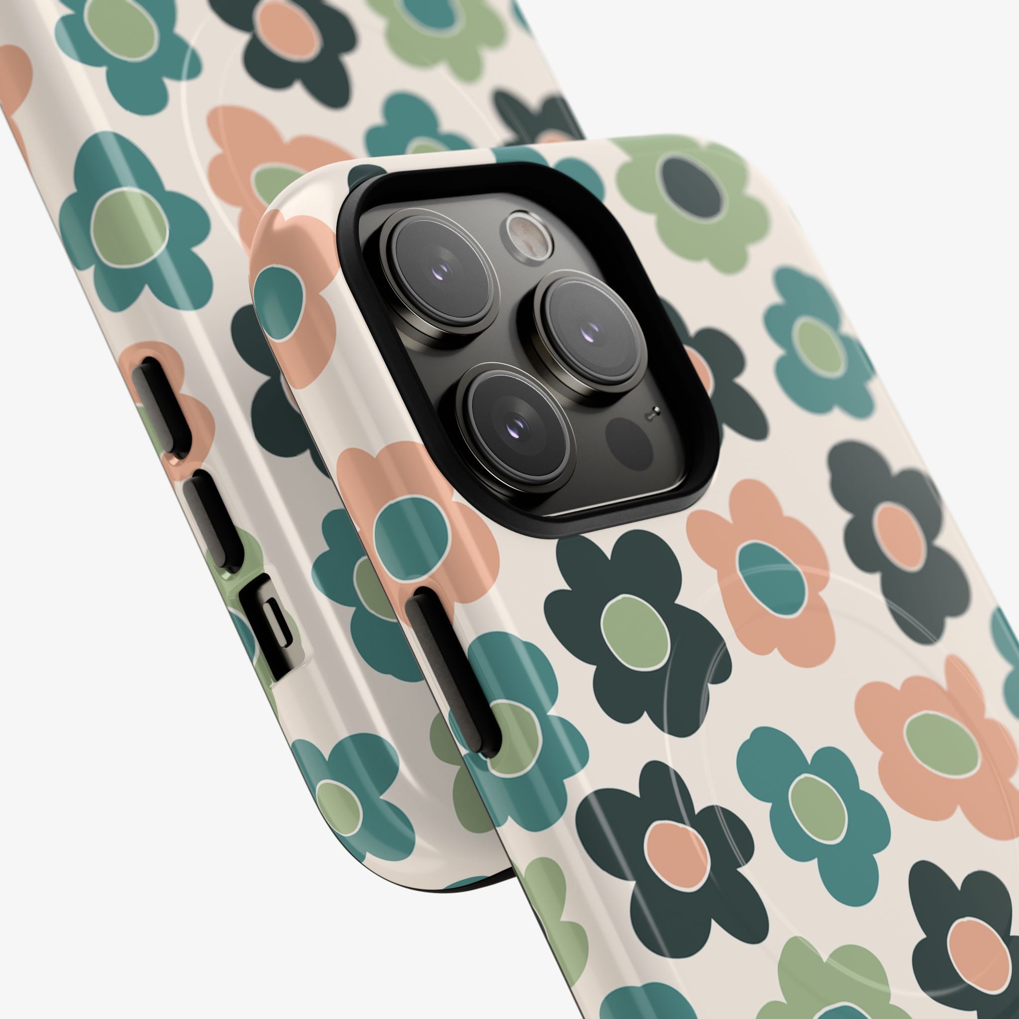 Groovy Garden Signature Series Phone Case (MagSafe) phone case with multicolor floral blossoms on a green background.
