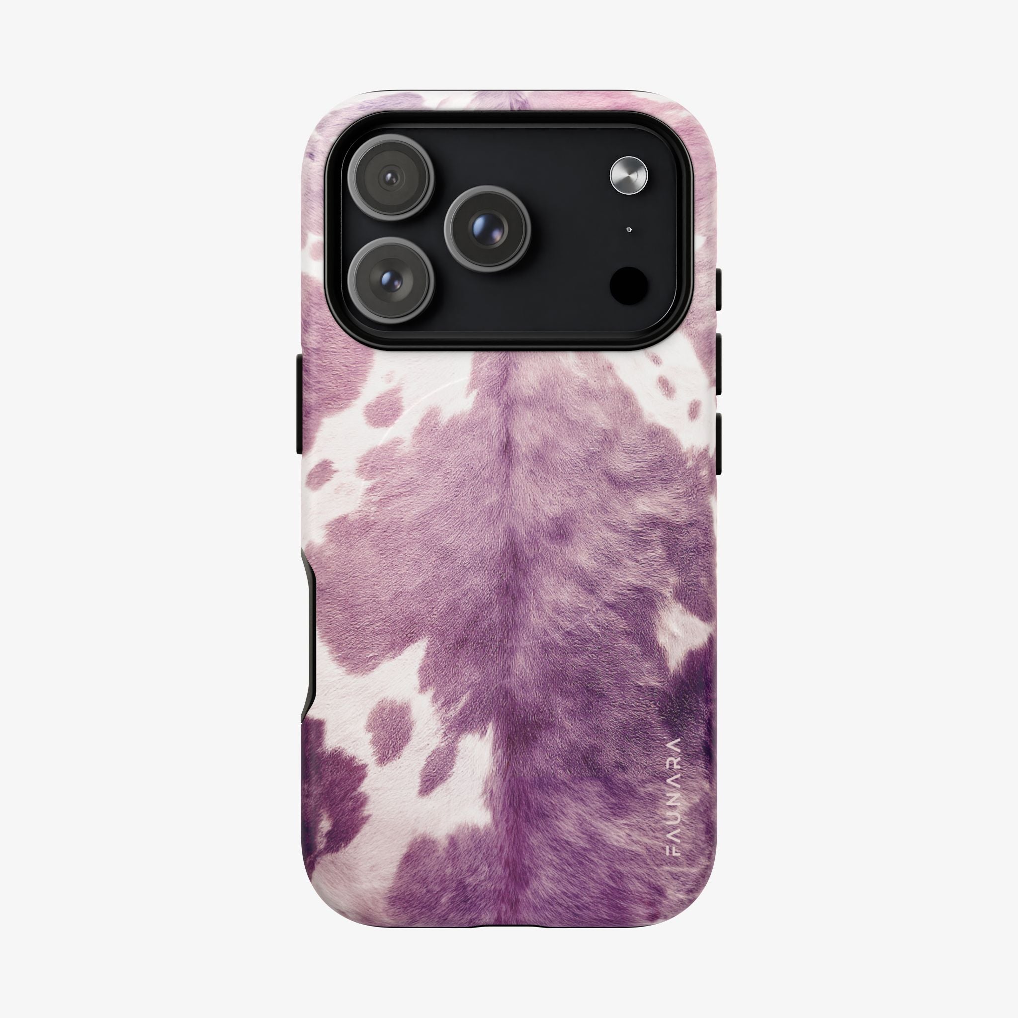 Close-up of a phone fitted with the Champagne Velvet (Rose) | Signature Series Phone Case (MagSafe) featuring a soft purple velvet cowhide pattern and protective design.