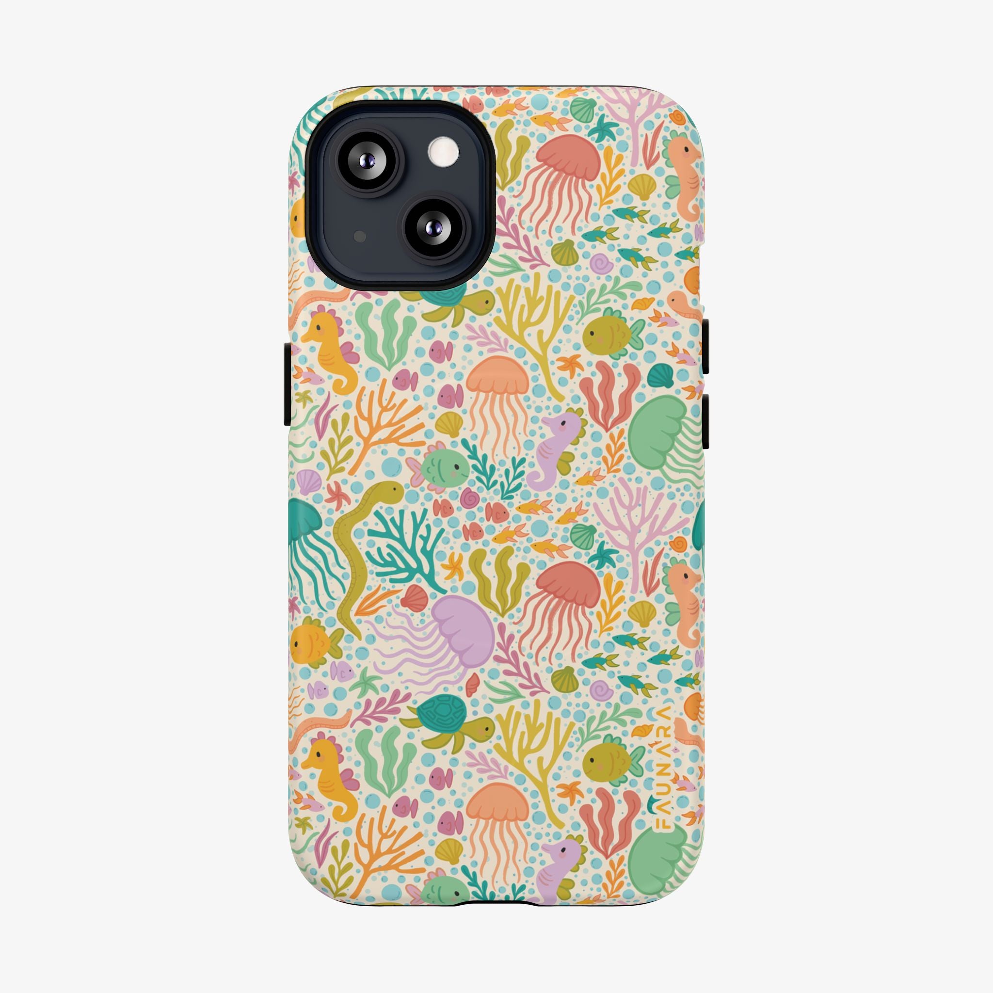 Phone case with colorful underwater sea creature pattern on a light background