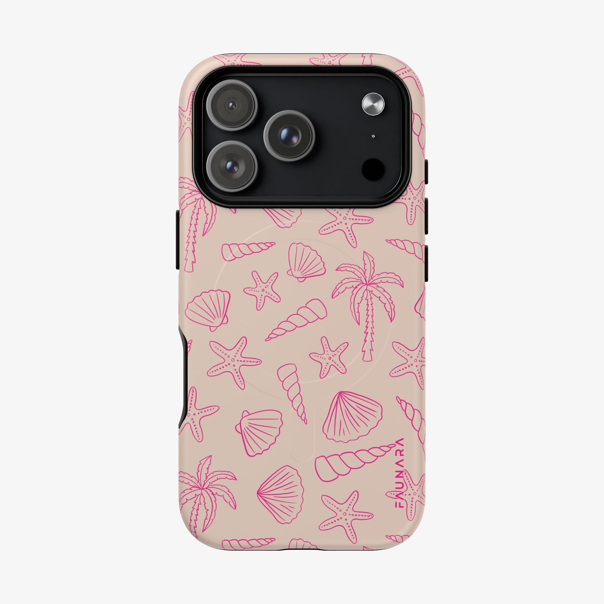 Shoreline | Signature Series Phone Case (MagSafe) featuring a beige background with pink outlines of seashells, starfish, and palm trees, offering stylish and protective phone case design.