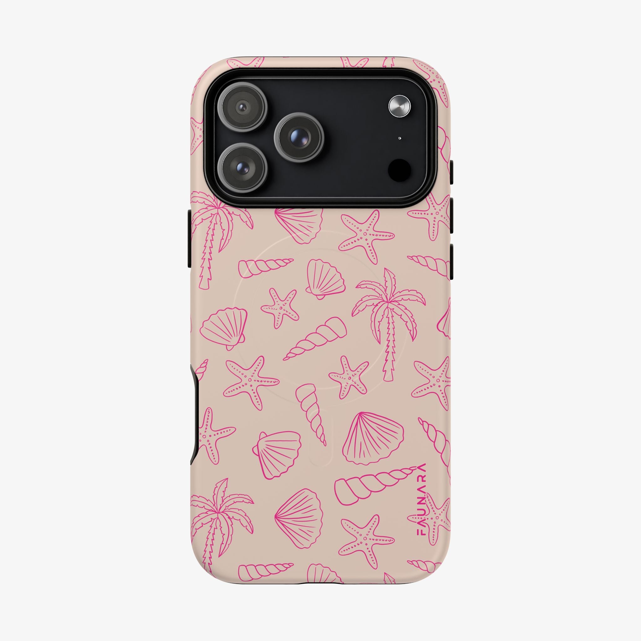 Shoreline | Signature Series Phone Case (MagSafe) featuring a beige background with pink line art of seashells, starfish, and palm trees, offering stylish and protective design.