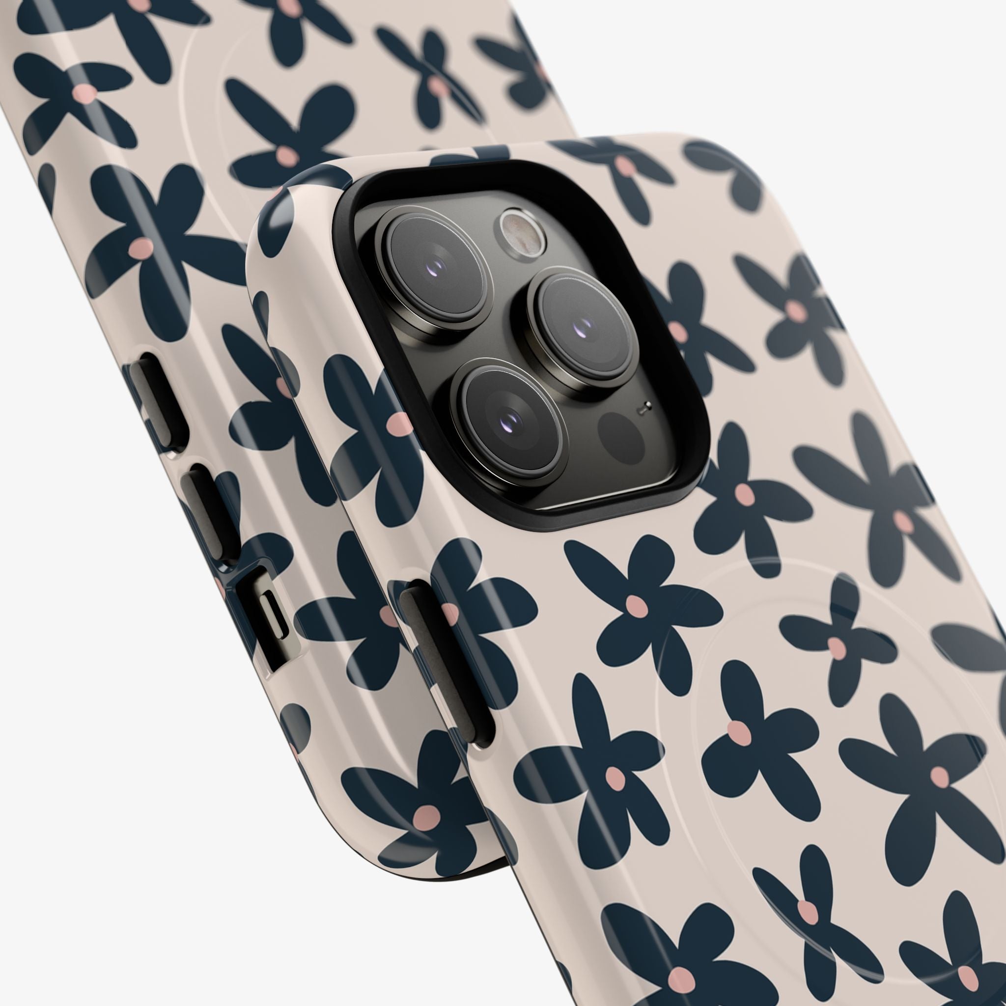 Flowerfall Signature Series Phone Case (MagSafe) navy floral phone case on light beige with camera cutouts