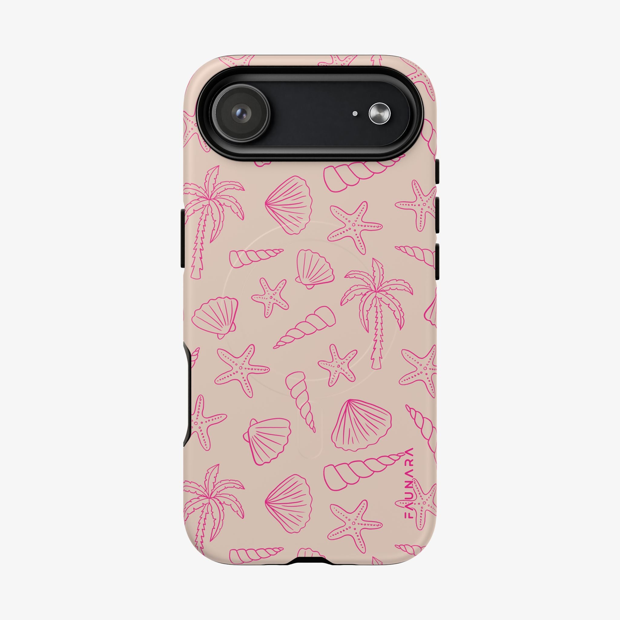 Shoreline | Signature Series Phone Case (MagSafe) featuring a beige background with pink palm trees, seashells, and starfish, designed for stylish and protective phone use.