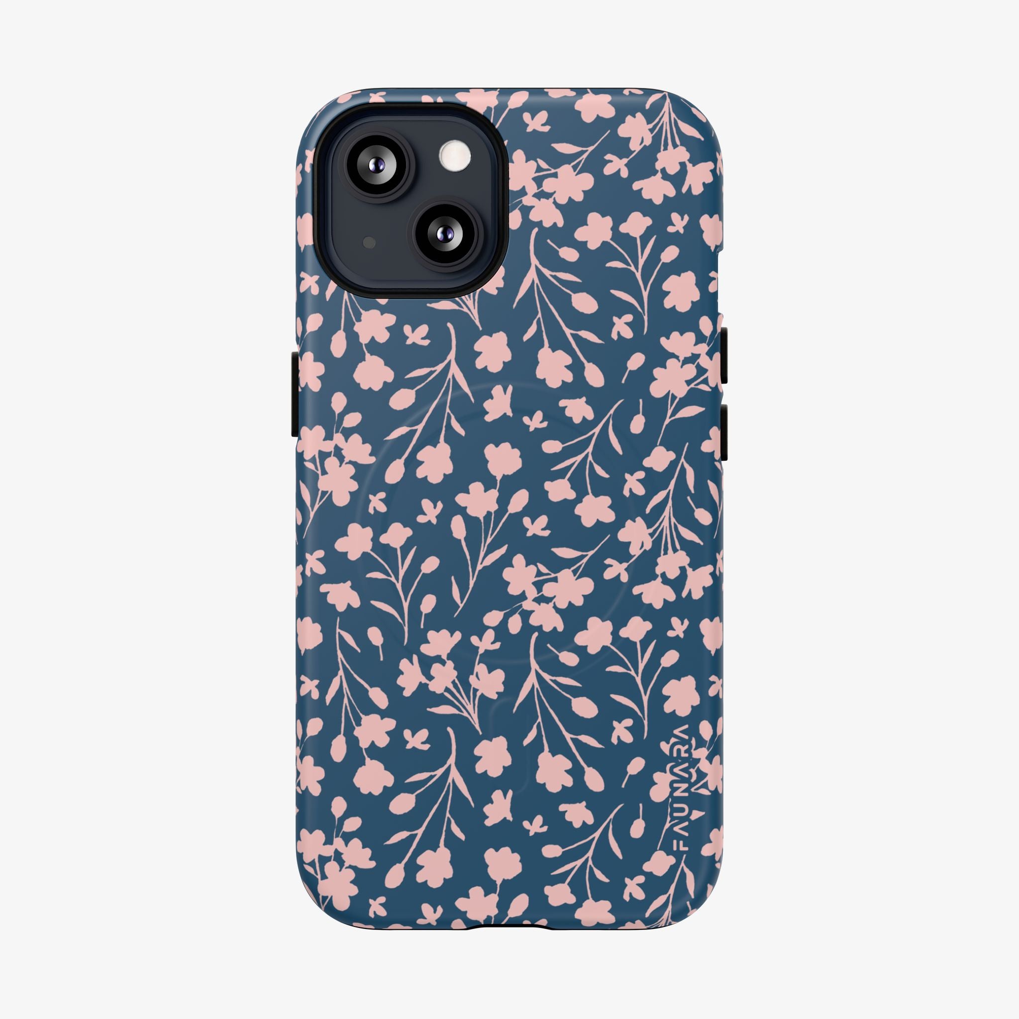 Phone case with pink floral pattern on a blue background