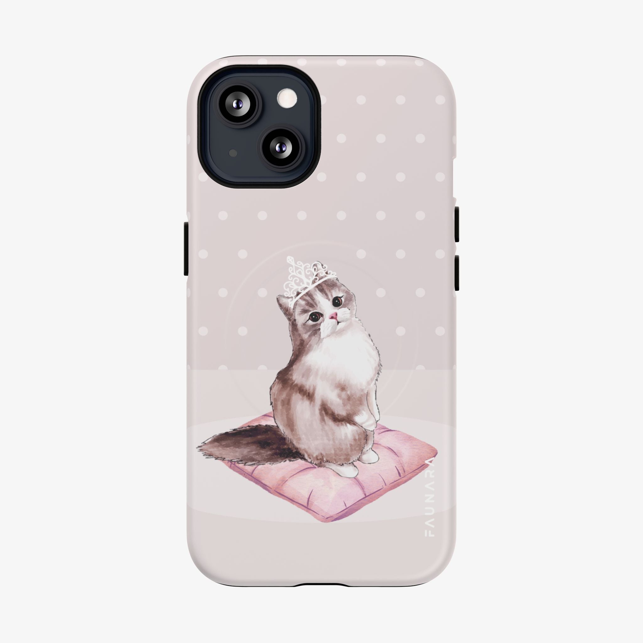 Phone case with a cat design on a polka dot background