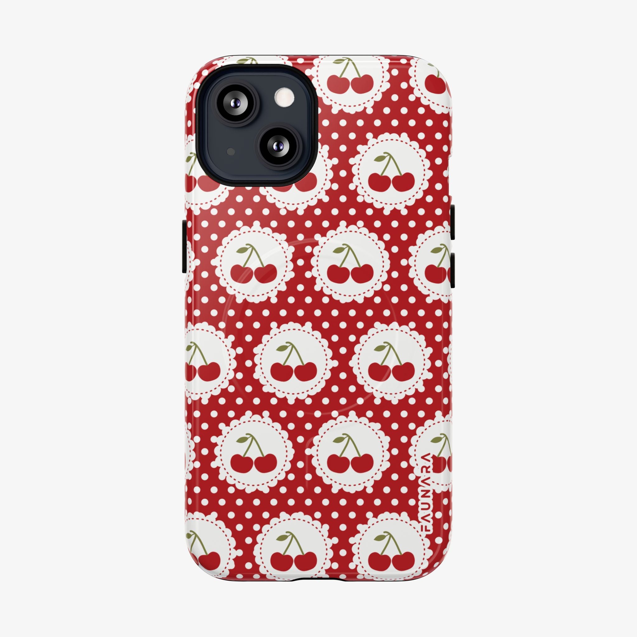Picnic Preserves (Crimson) Signature Series phone case with MagSafe, glossy red cherry dots pattern