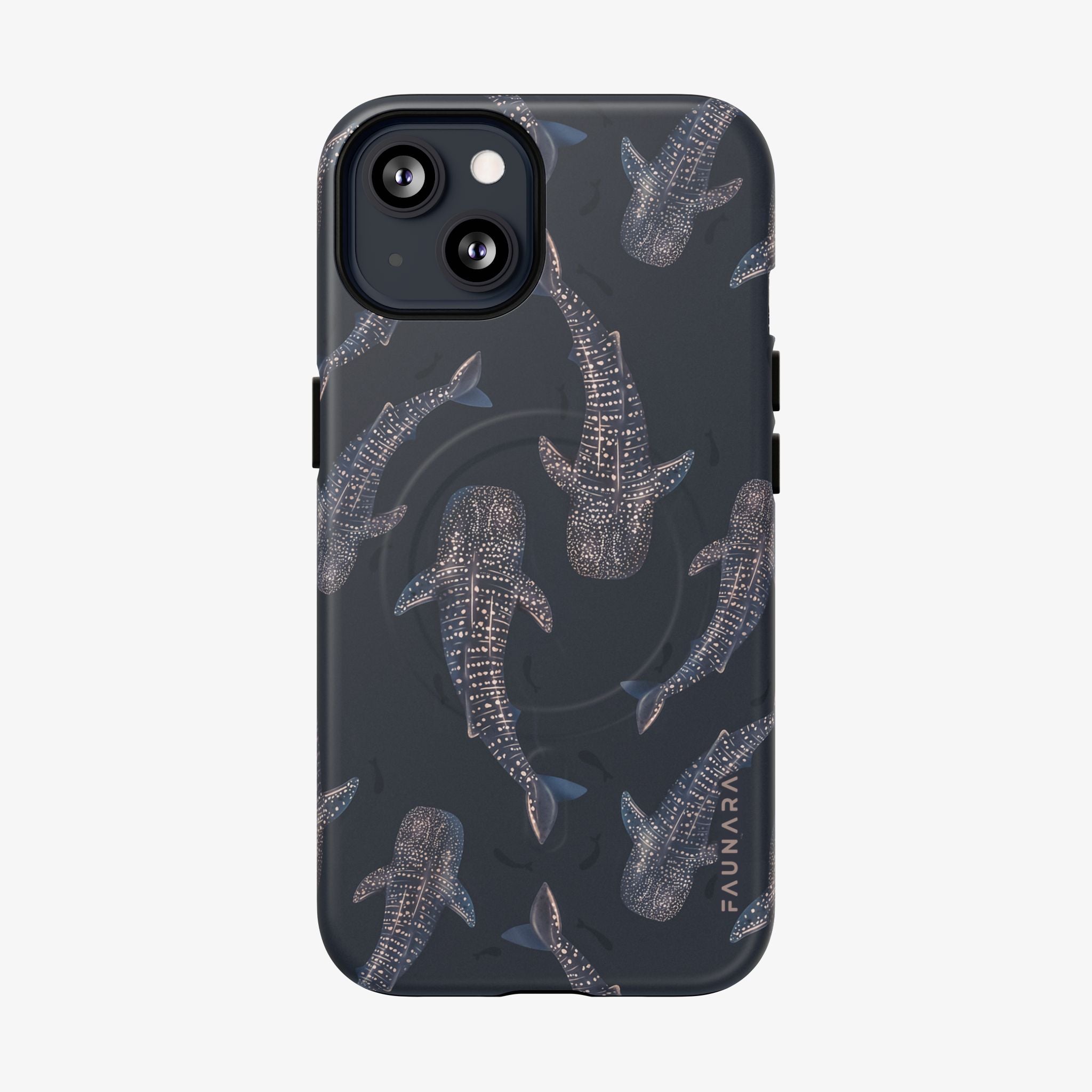 Phone case with shark pattern on a dark background