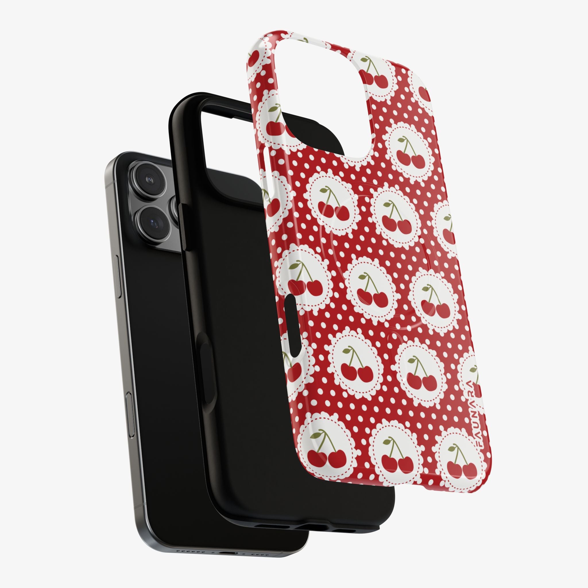 Picnic Preserves (Crimson), Signature Series phone case with MagSafe cherries pattern in red, glossy finish.
