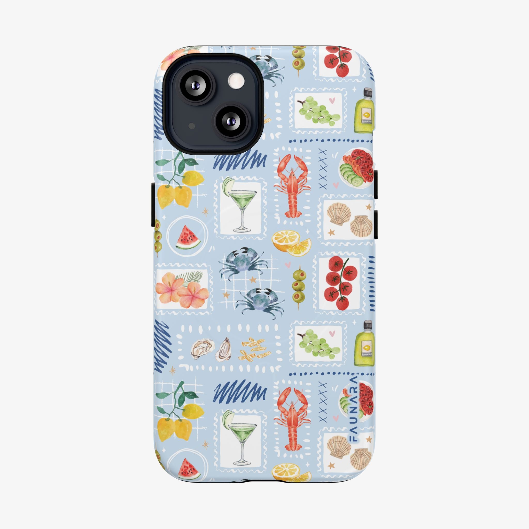 Phone case with colorful coastal design on a light blue background