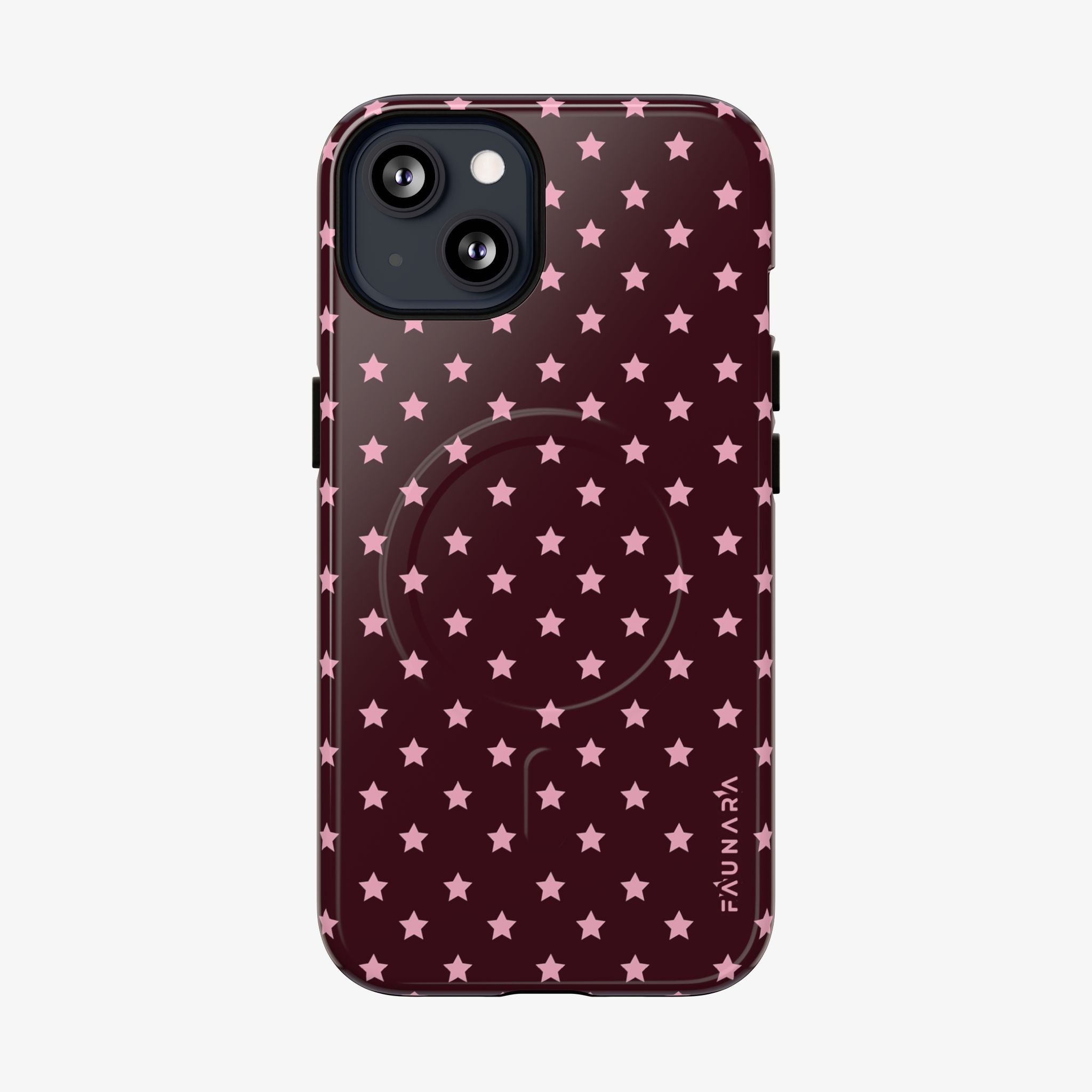 Phone case with pink star pattern on a dark red background