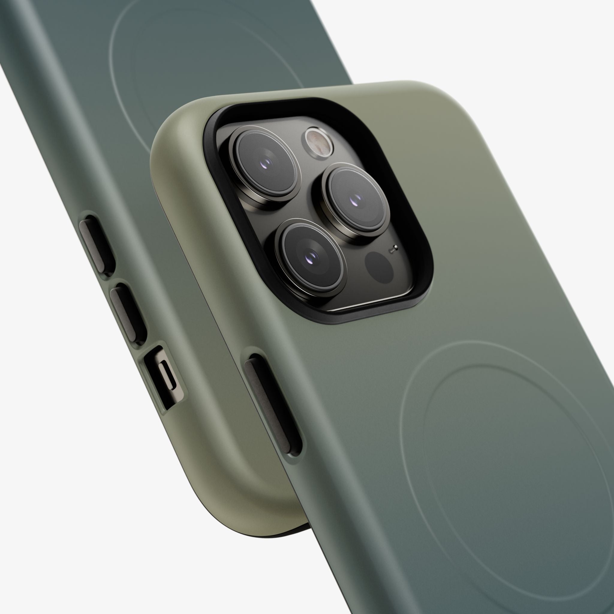 Ombré Pine Signature Series phone case green glossy MagSafe back with camera cutouts in soft lighting
