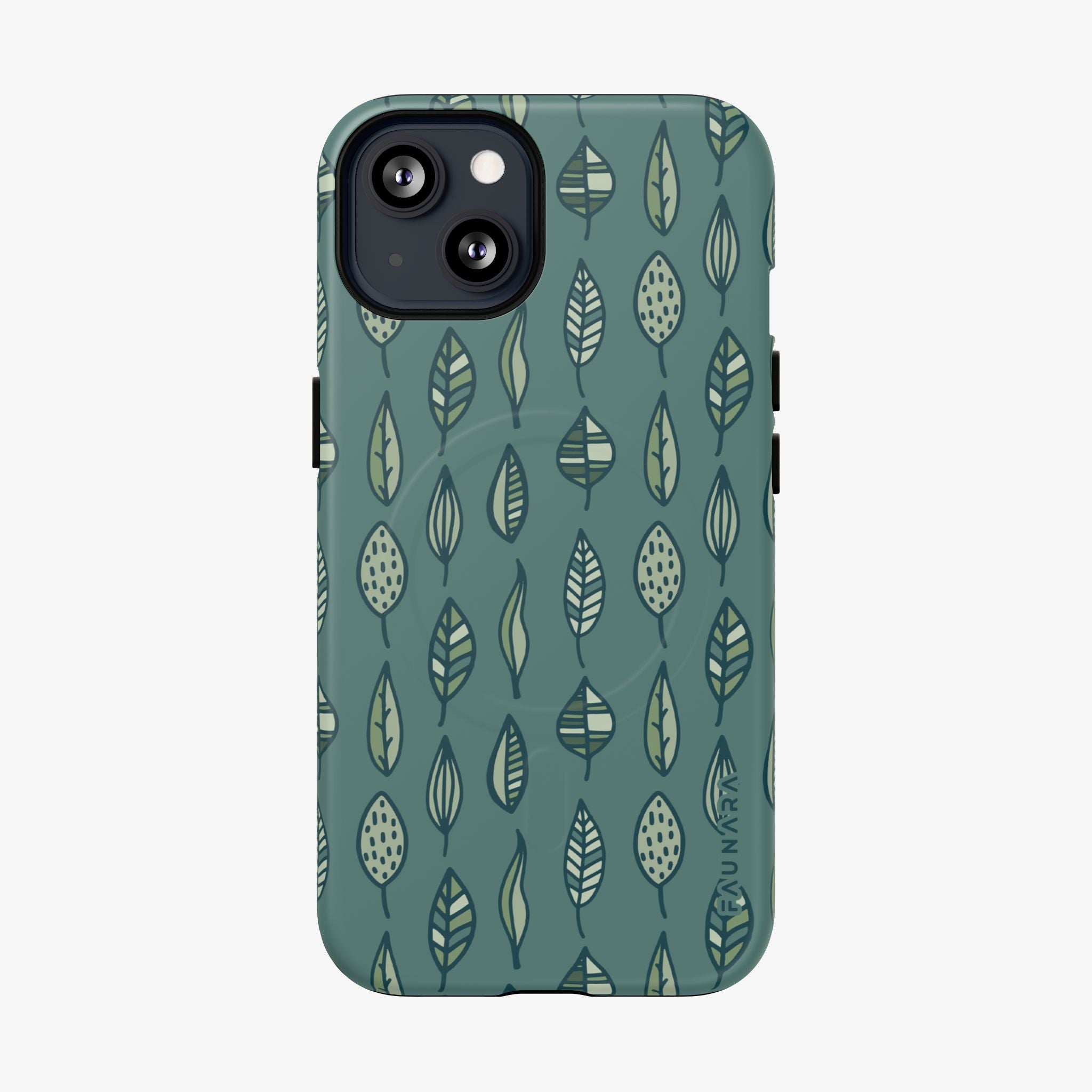 Phone case with leaf pattern on a green background
