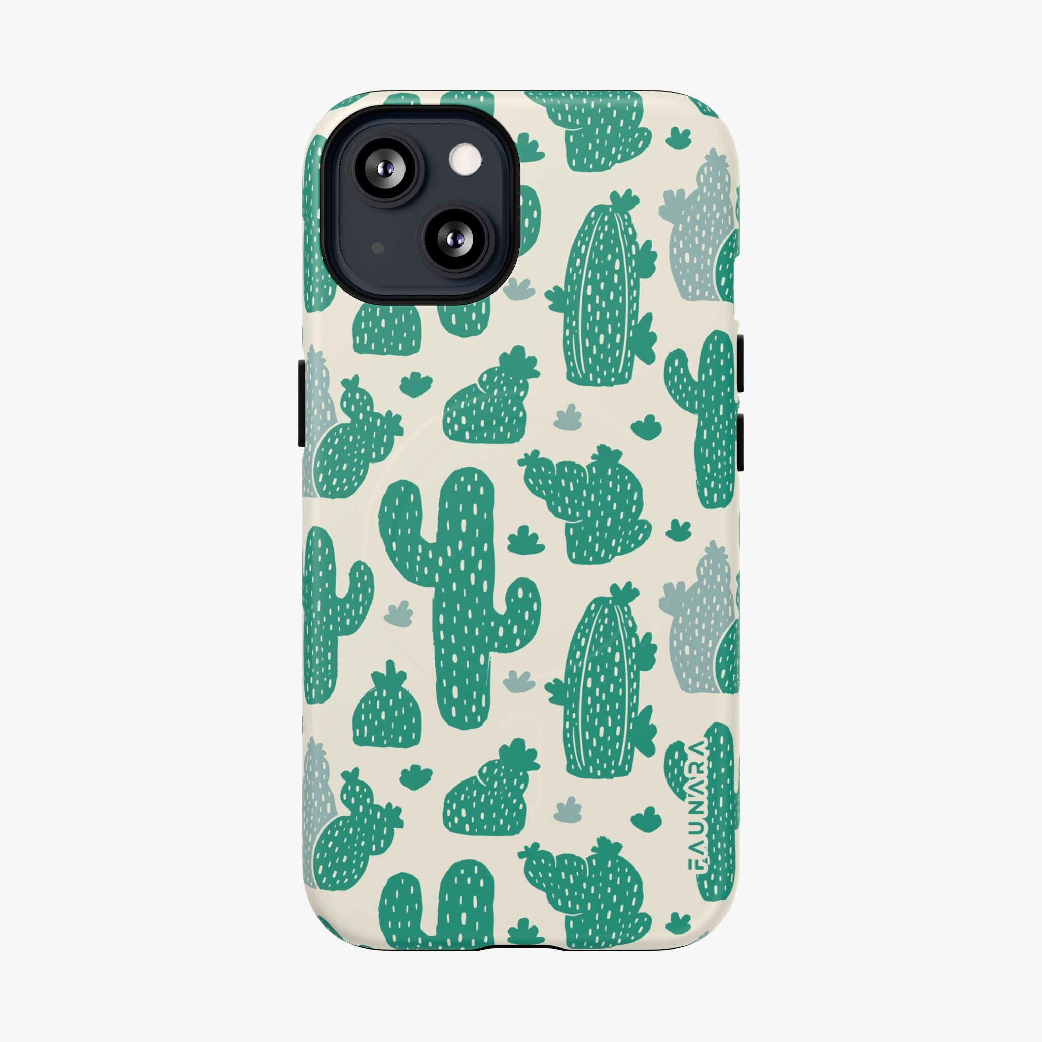 Phone case with green cactus pattern on a beige background