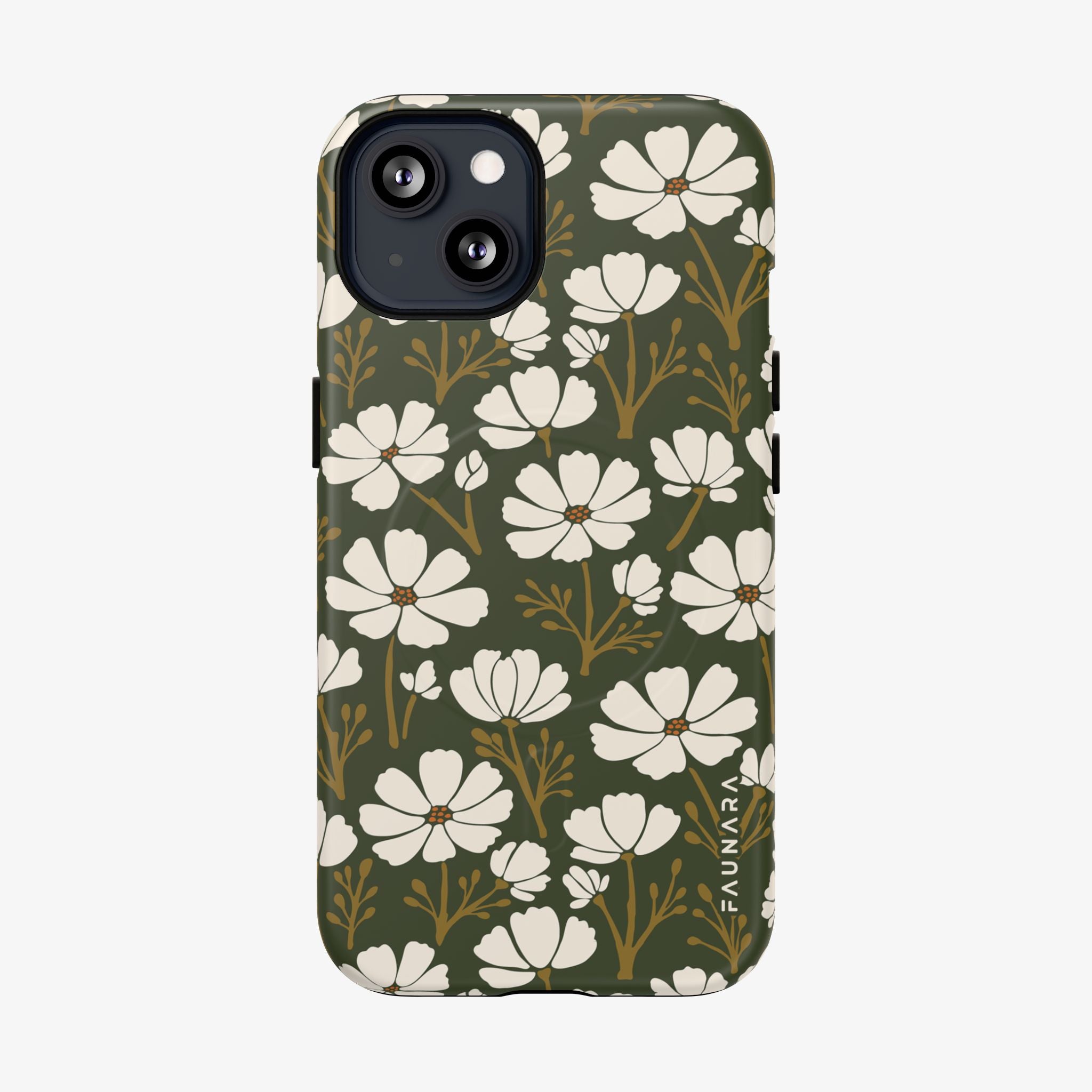 Phone case with white floral pattern on a green background