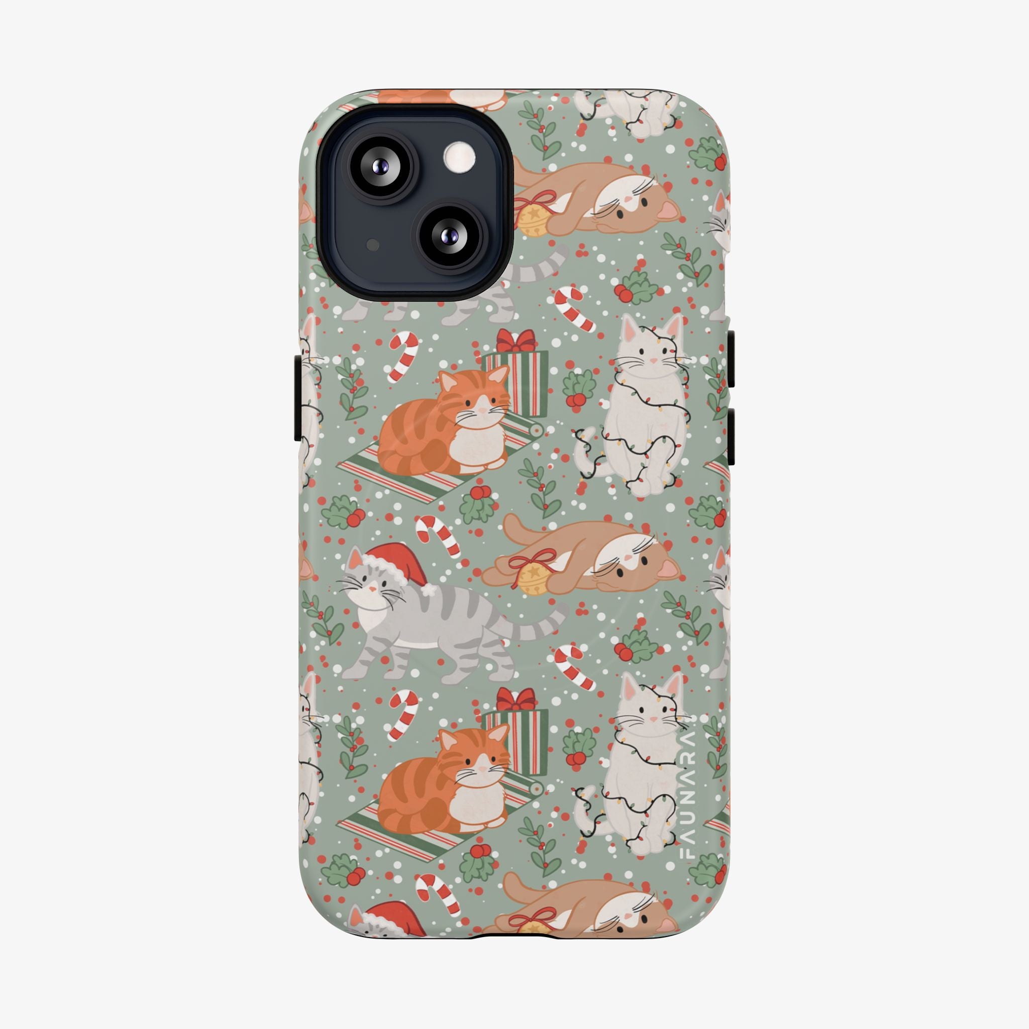 Phone case with festive cat pattern on a light green background