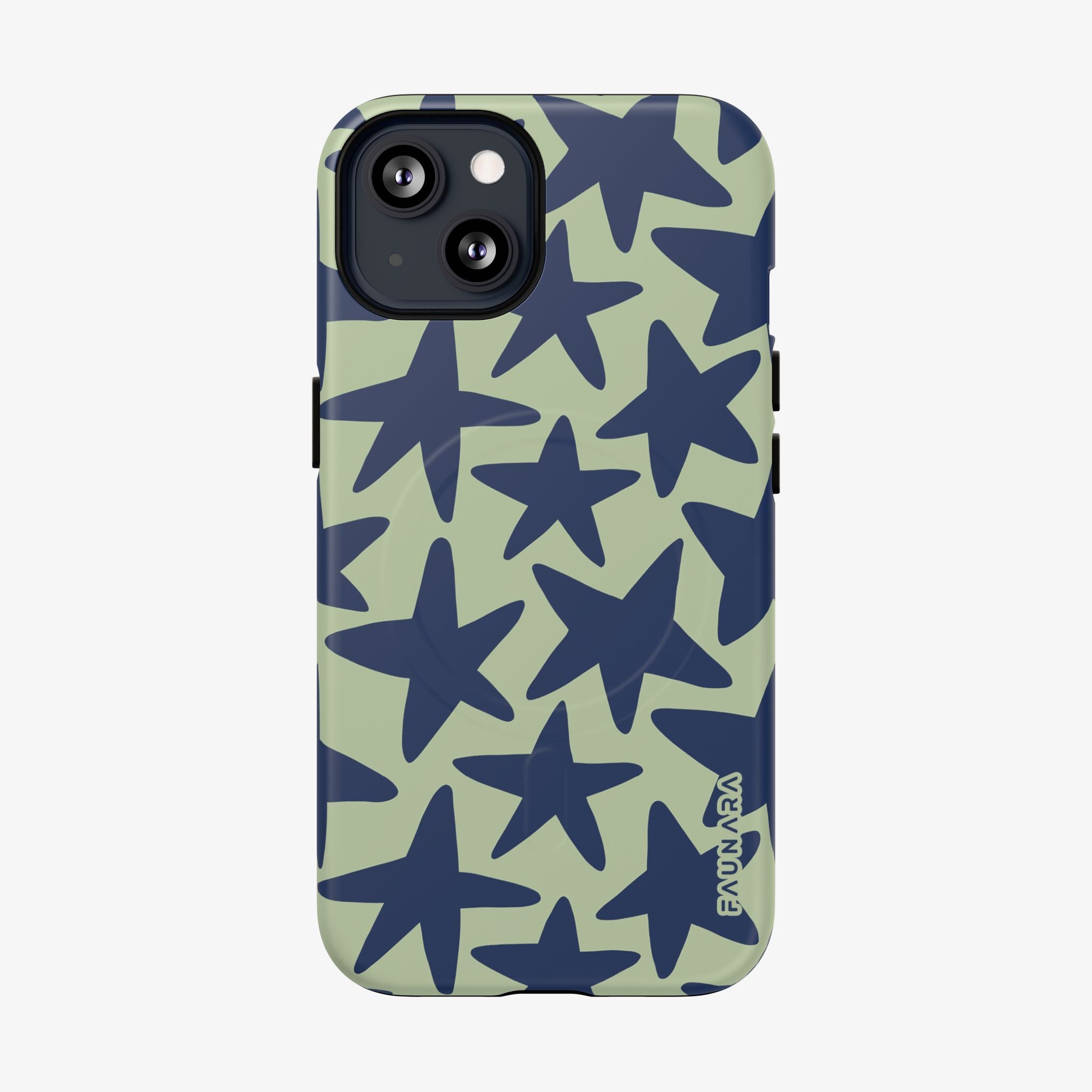 Phone case with blue star pattern on a light green background