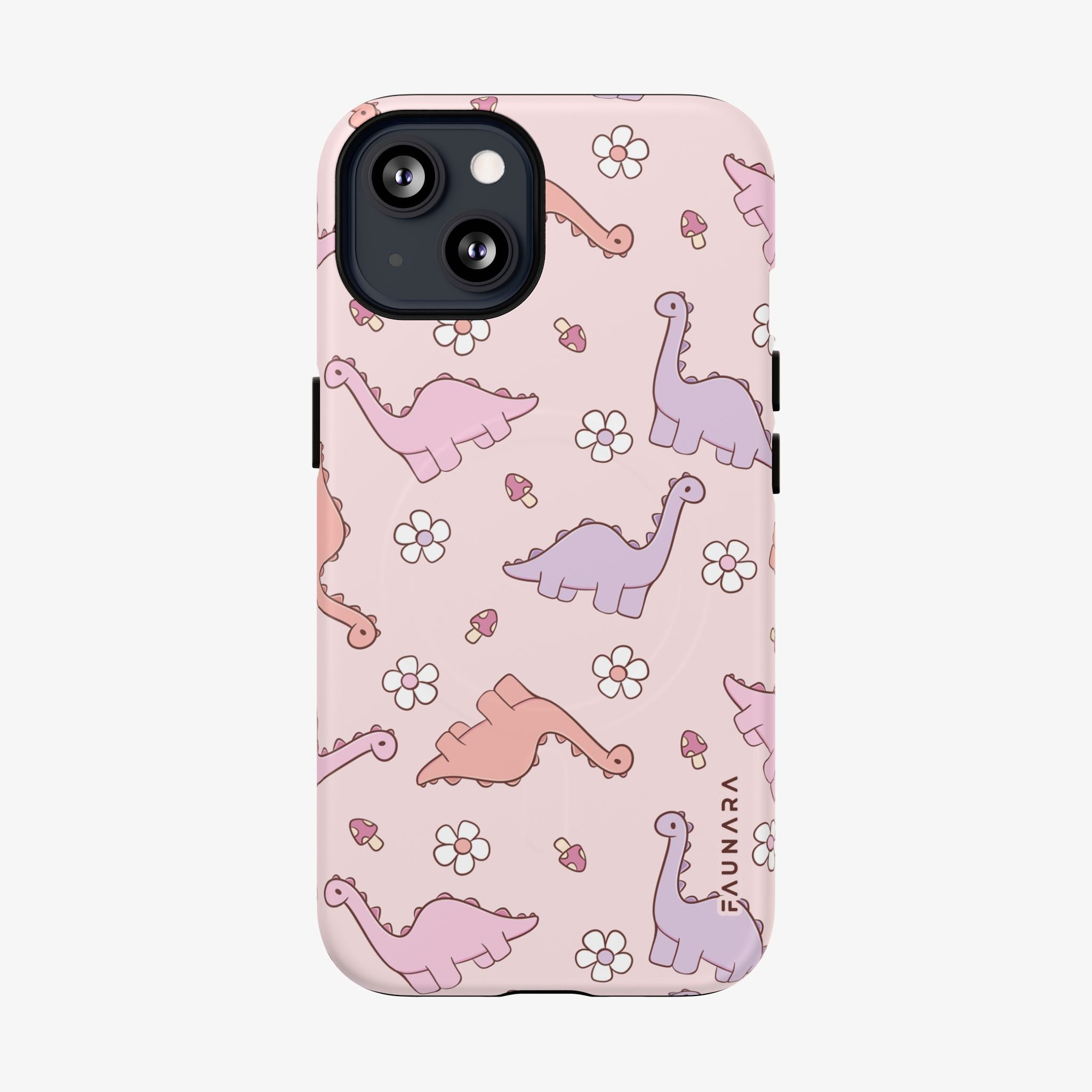 Phone case with pastel dinosaur pattern on a pink background