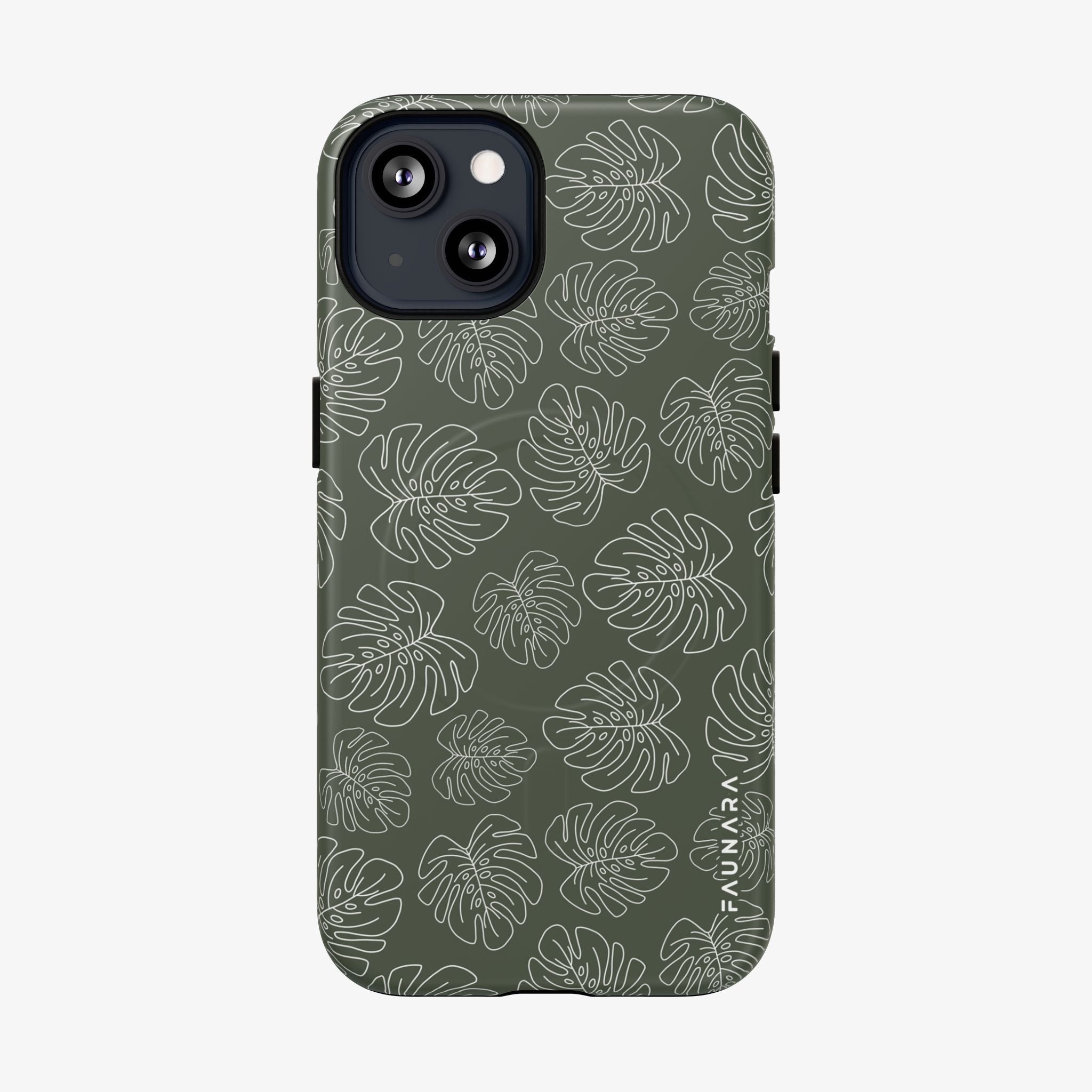 Phone case with leaf pattern on a green background