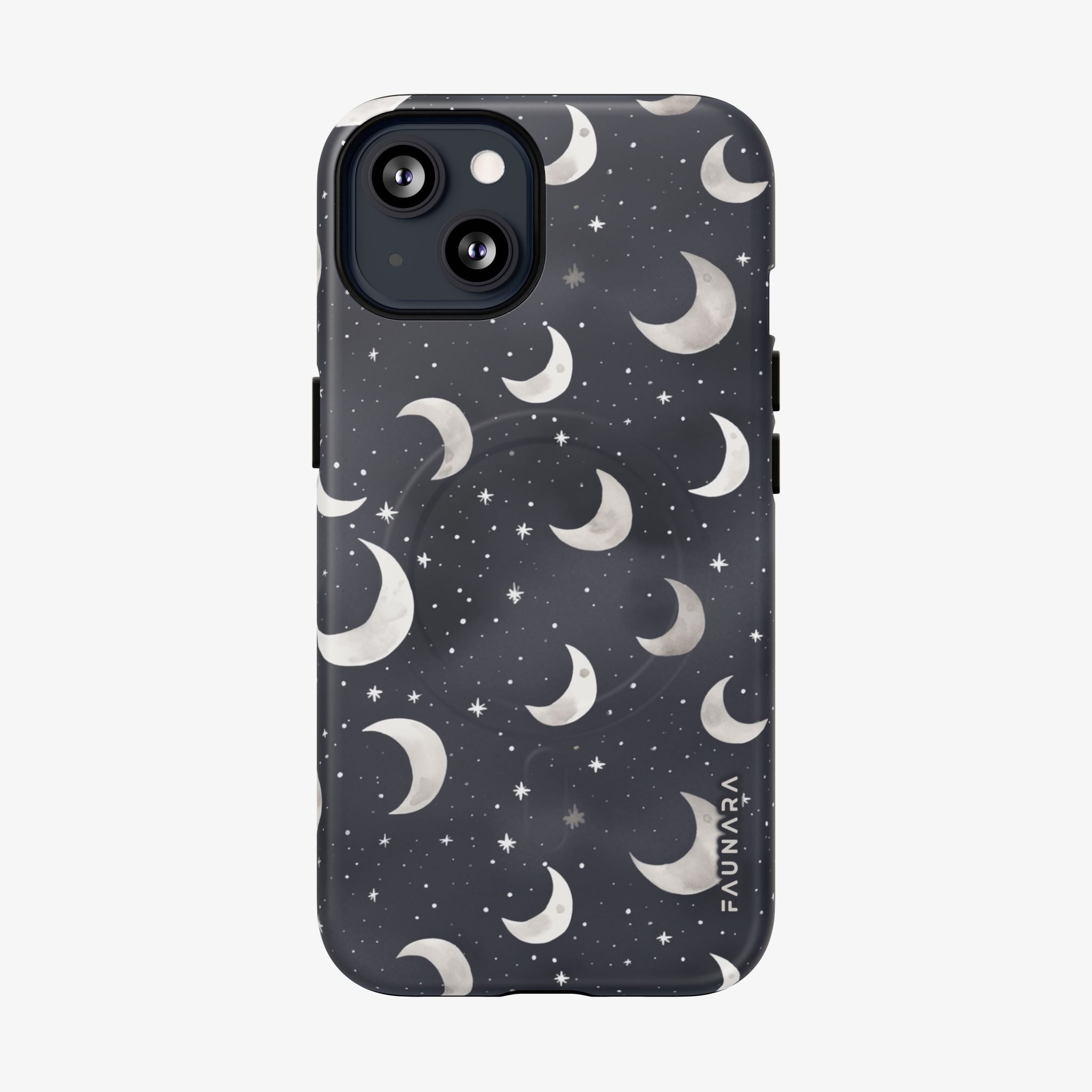 Phone case with moon and star pattern on a dark background
