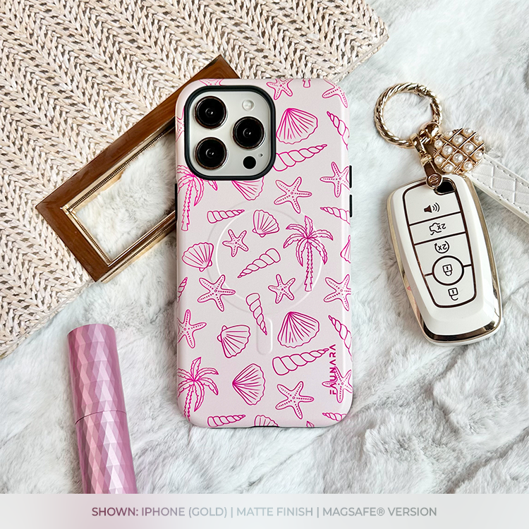Shoreline | Signature Series Phone Case (MagSafe) featuring a pink seashell and palm tree pattern on a white background, stylish and protective phone case accessories.