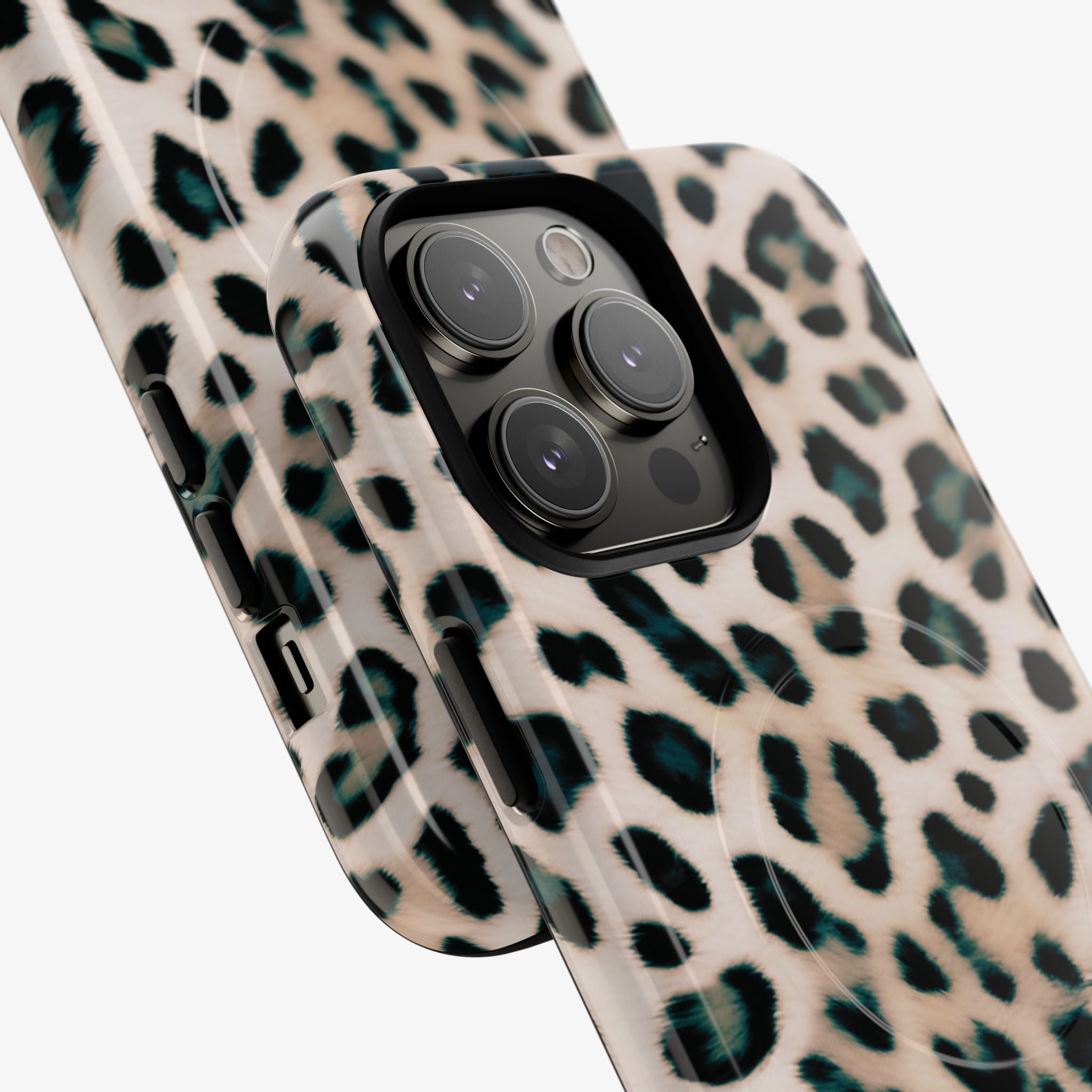 Close-up of a sleek phone with a leopard-print design case featuring the Safari (Dune) | Signature Series Phone Case (MagSafe), combining stylish and durable protection.