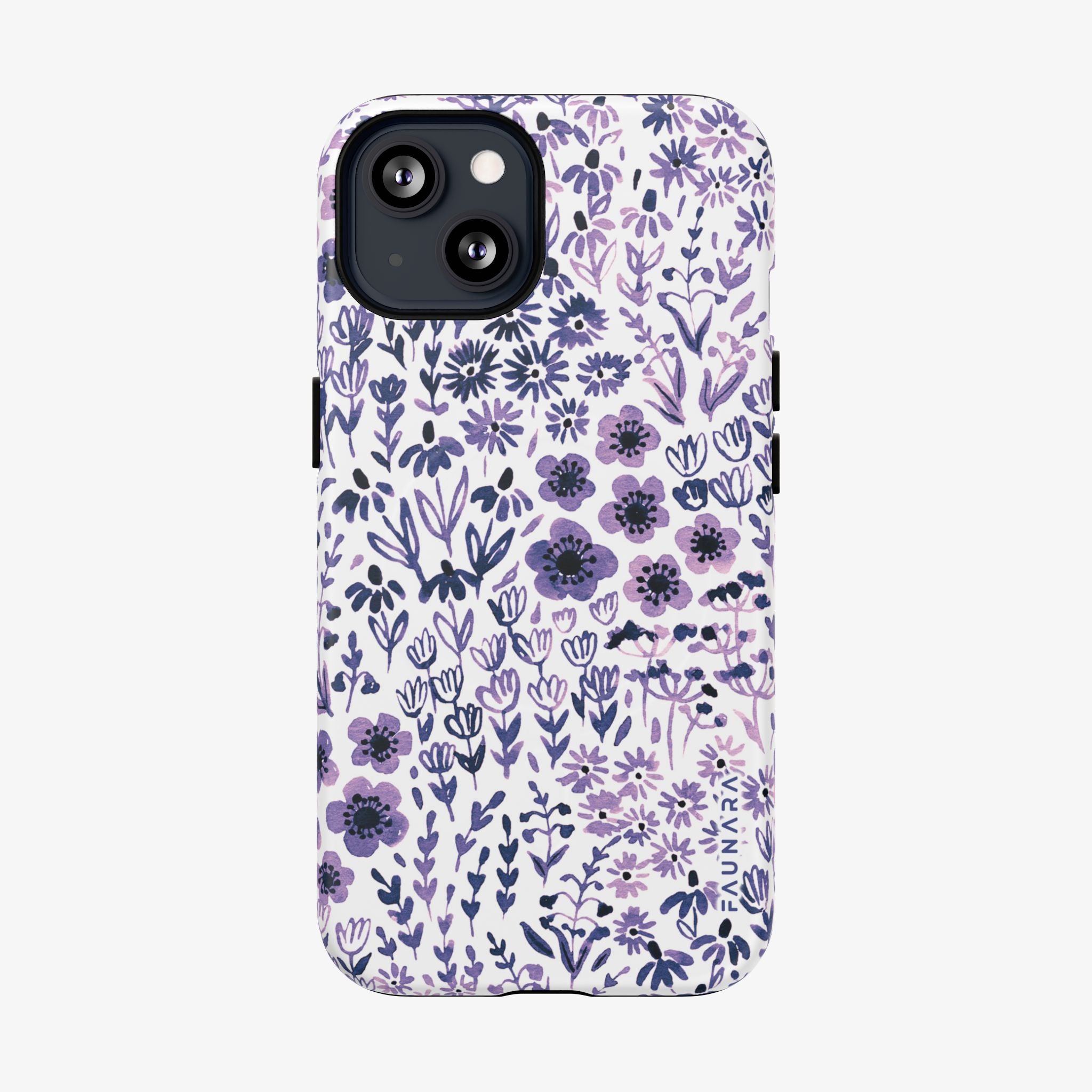 Phone case with purple floral pattern on a white background