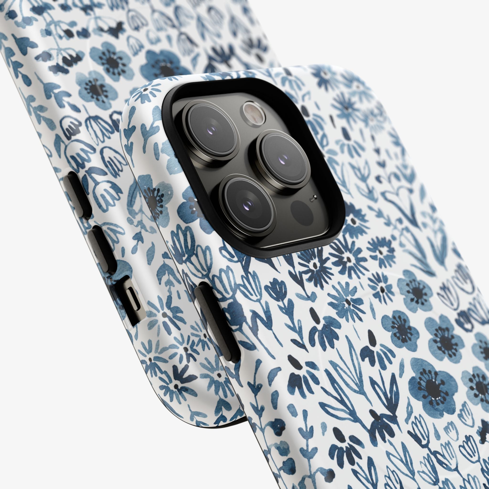 Bloomfield (Indigo) Signature Series phone case with blue florals, glossy finish and MagSafe cutout