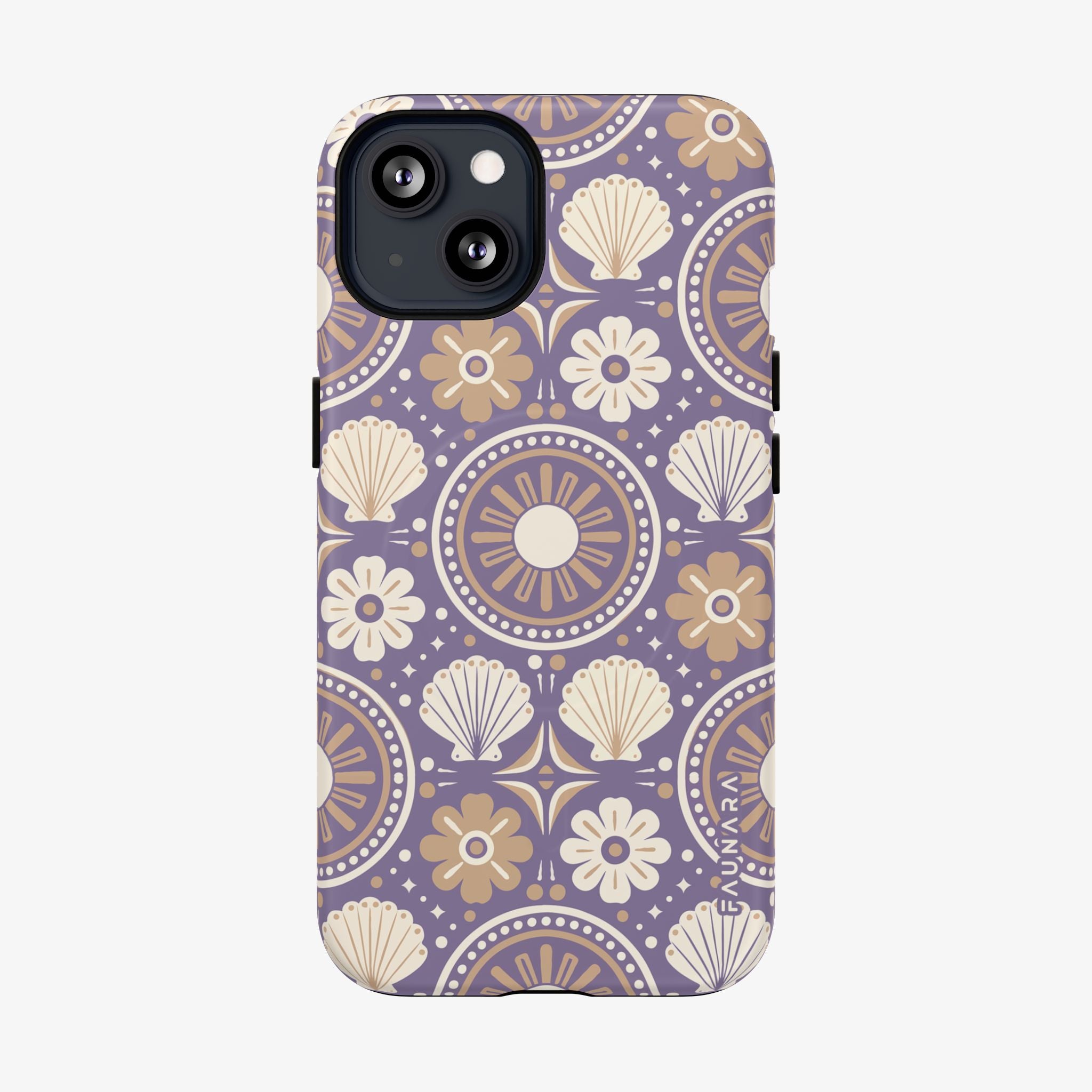 Phone case with floral and shell tile pattern on a purple background