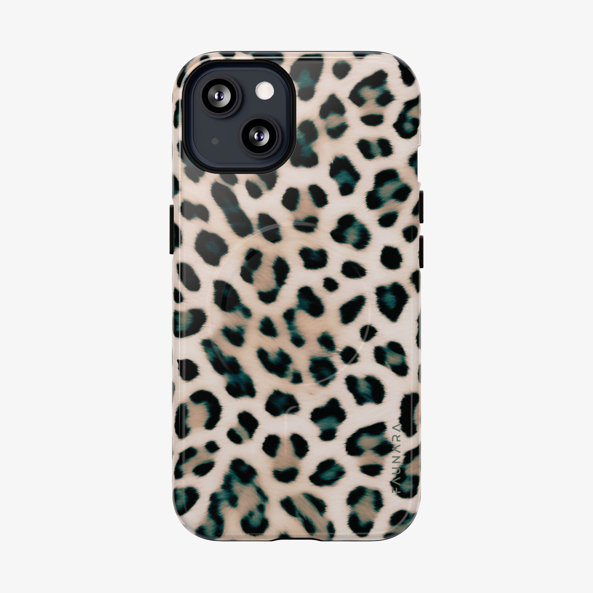 Phone case with beige and black leopard print design featuring subtle teal accents, showcasing a stylish and protective Safari (Dune) | Signature Series Phone Case (MagSafe).