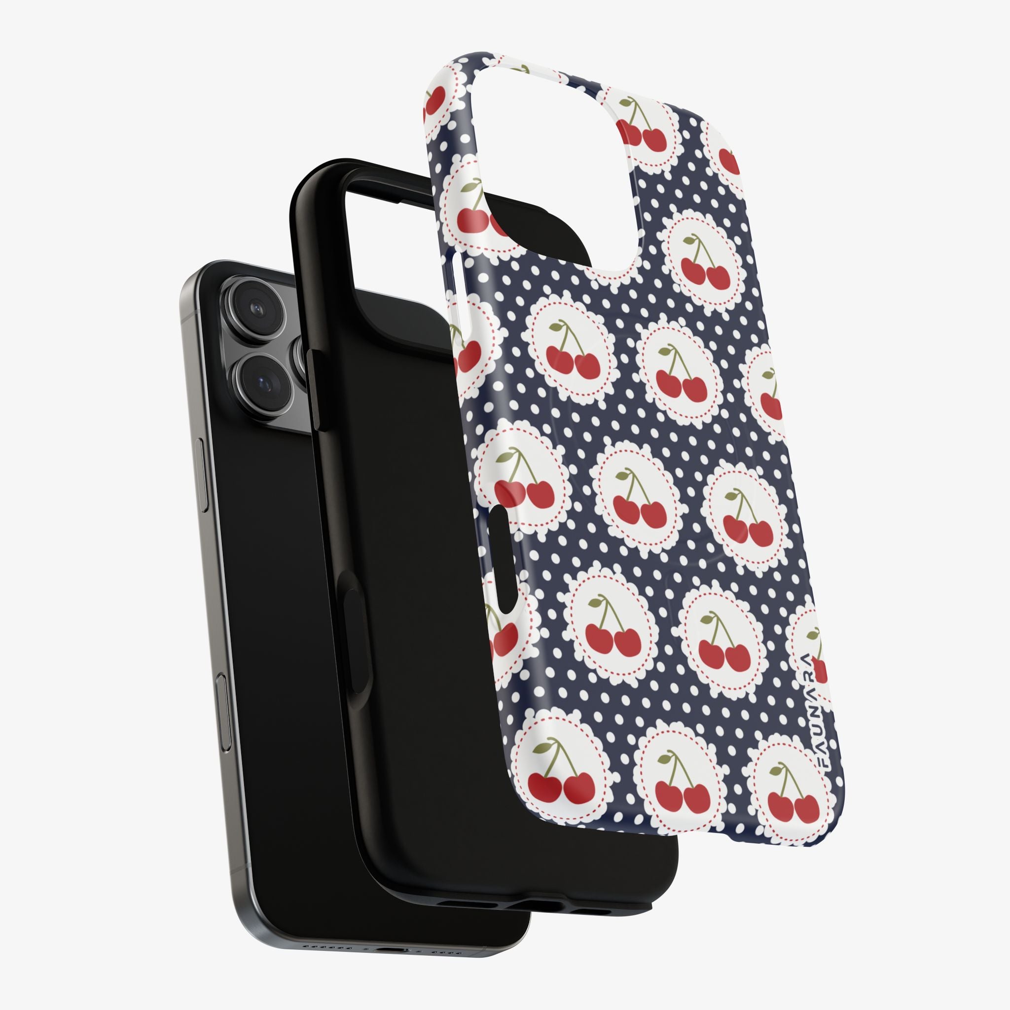 Picnic Preserves (Navy) Signature Series phone case with cherries and dots—MagSafe cutout, glossy finish.