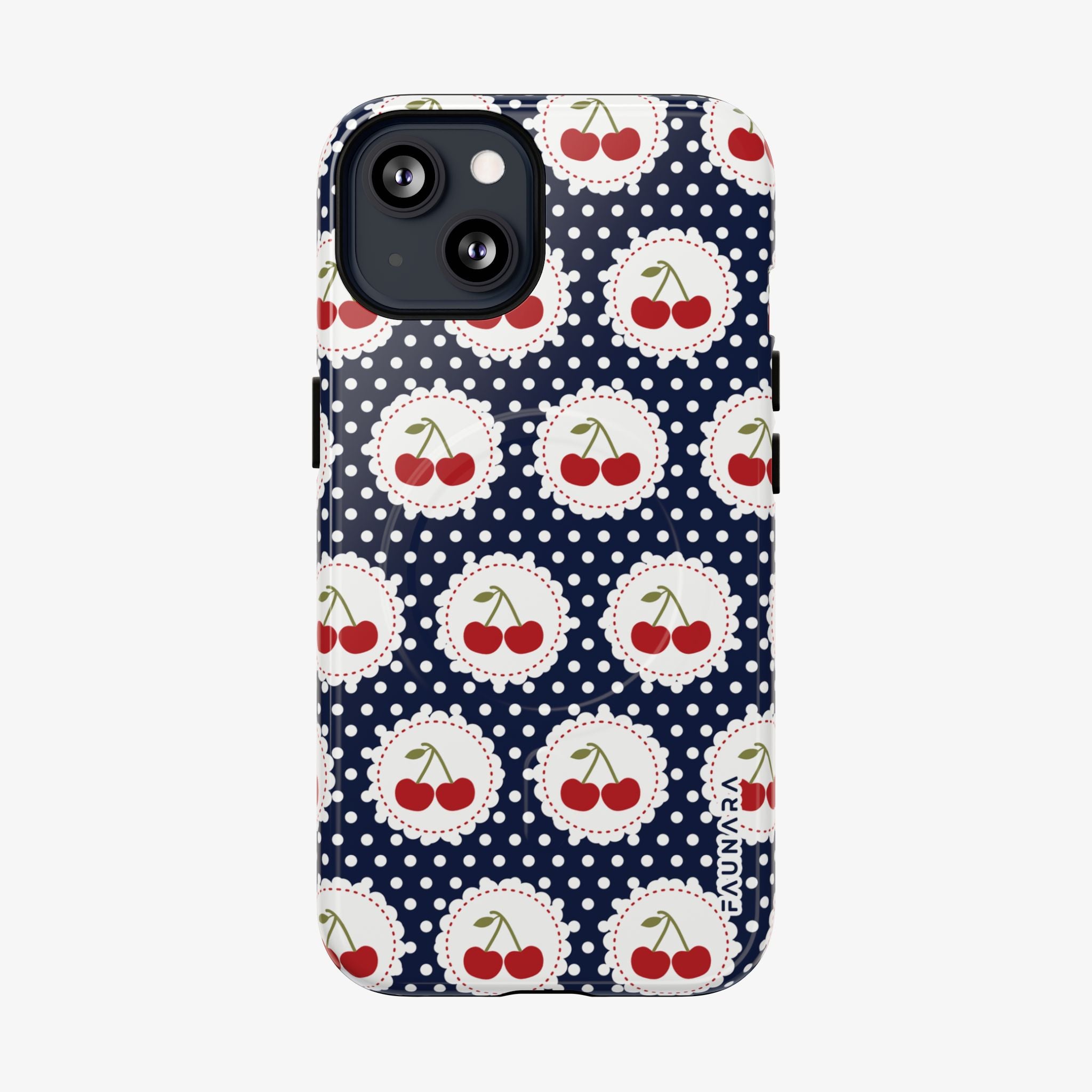 Picnic Preserves (Navy) Signature Series phone case with MagSafe in glossy blue cherry dot pattern