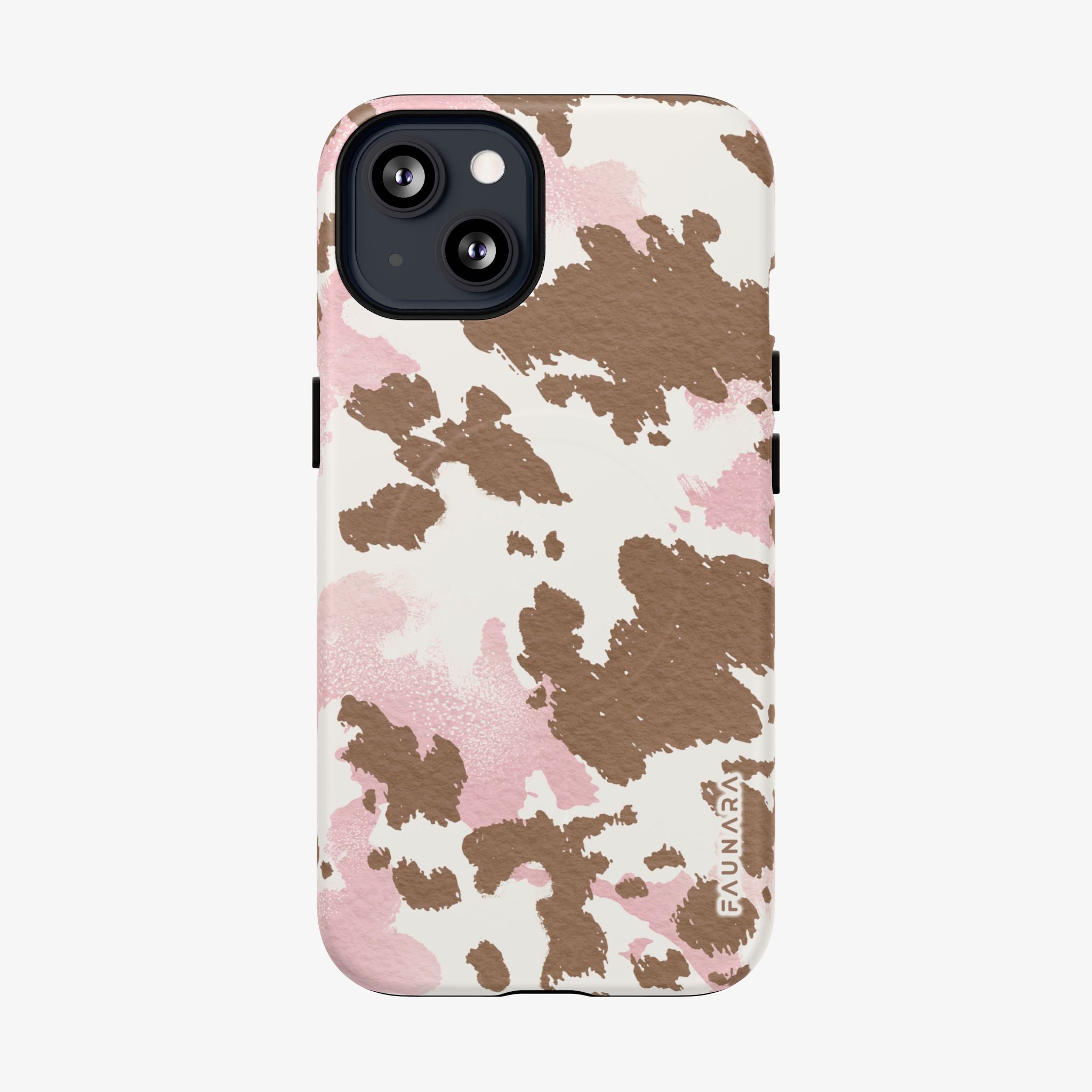 Phone case with pink and brown cow print pattern on a white background