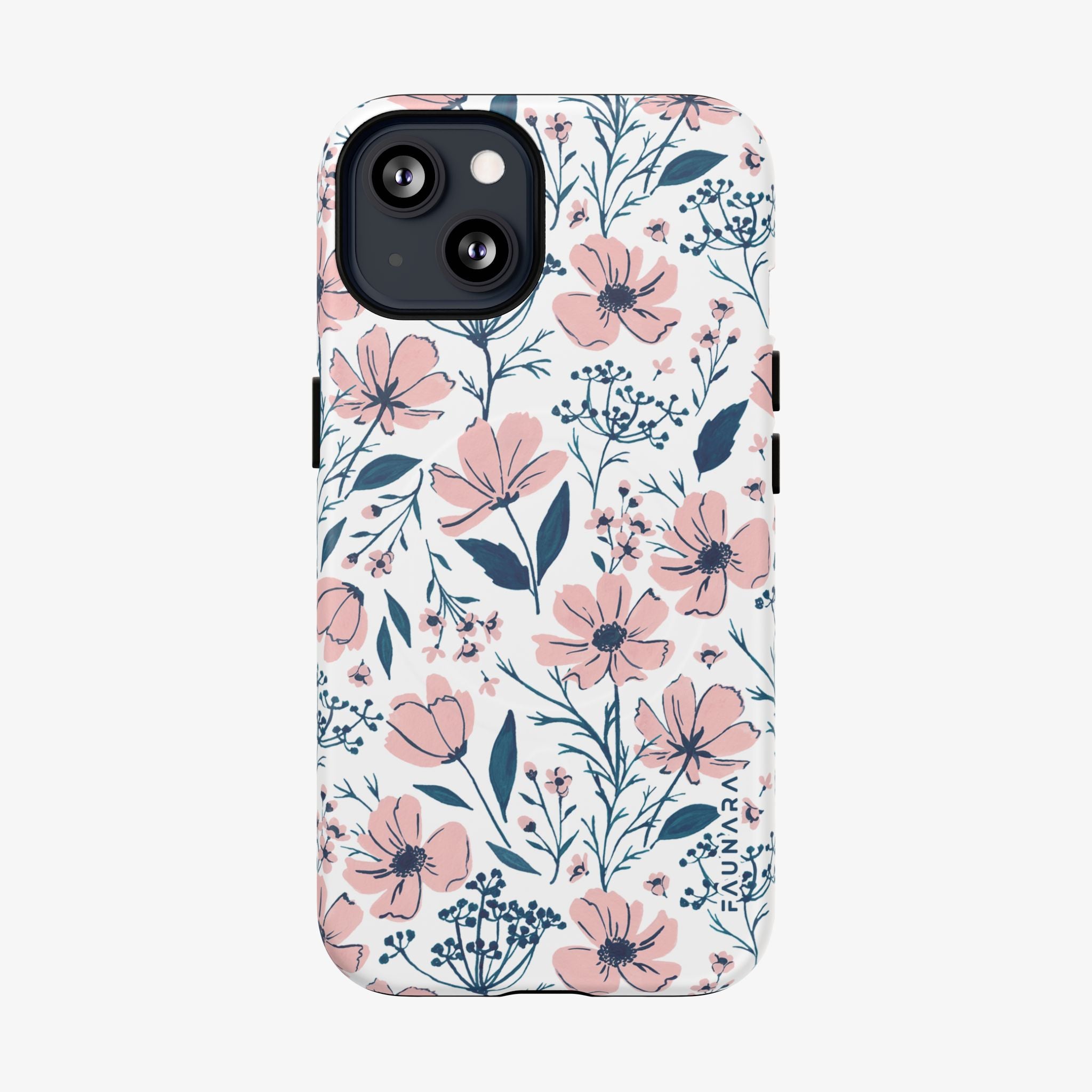 Floral phone case with pink and blue flowers on a white background