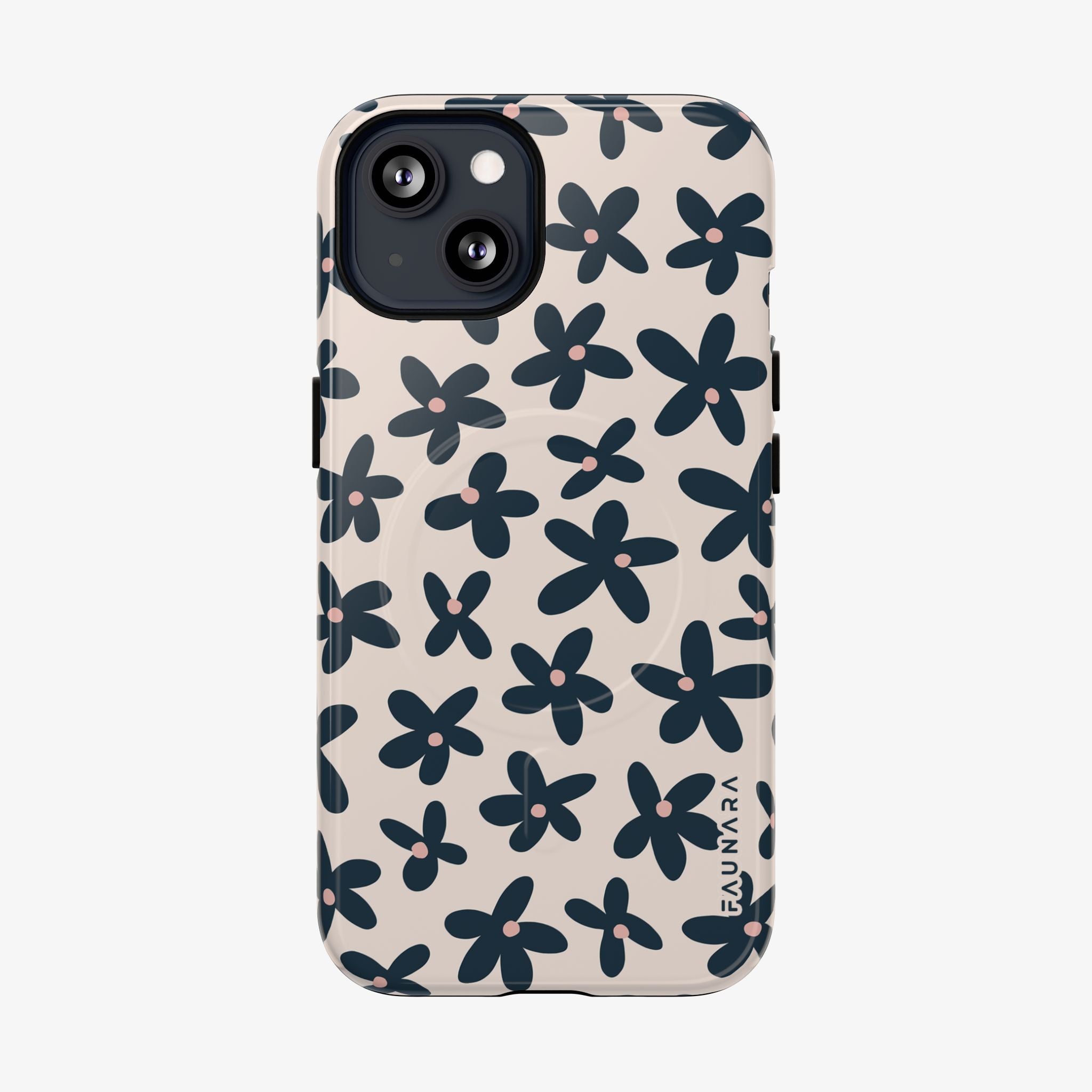 Flowerfall Signature Series Phone Case (MagSafe) cream floral phone case with dark blue blossoms and glossy finish.