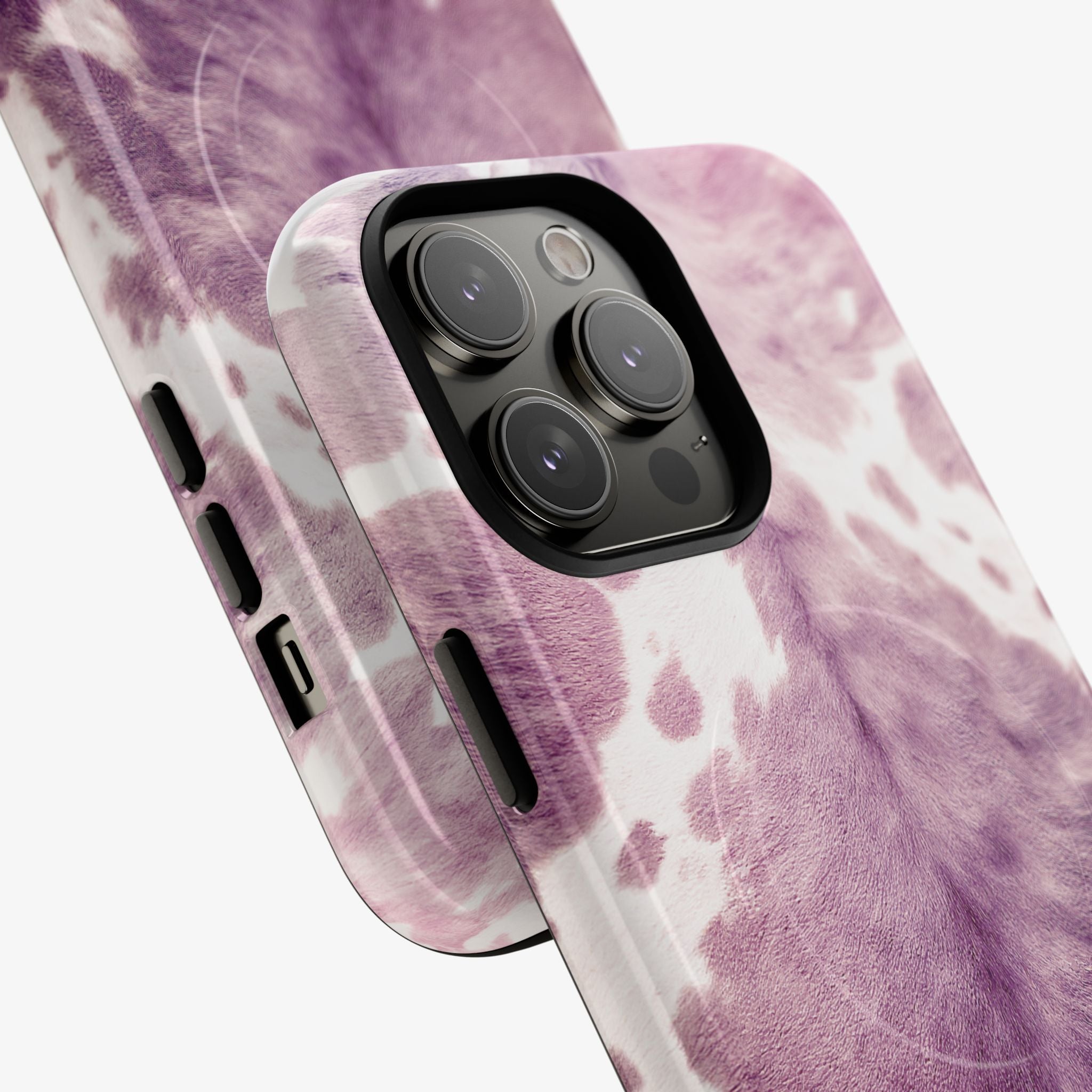 Close-up of a stylish phone case with a purple velvet texture design featuring camera cutouts, showcasing the Champagne Velvet (Rose) | Signature Series Phone Case (MagSafe).