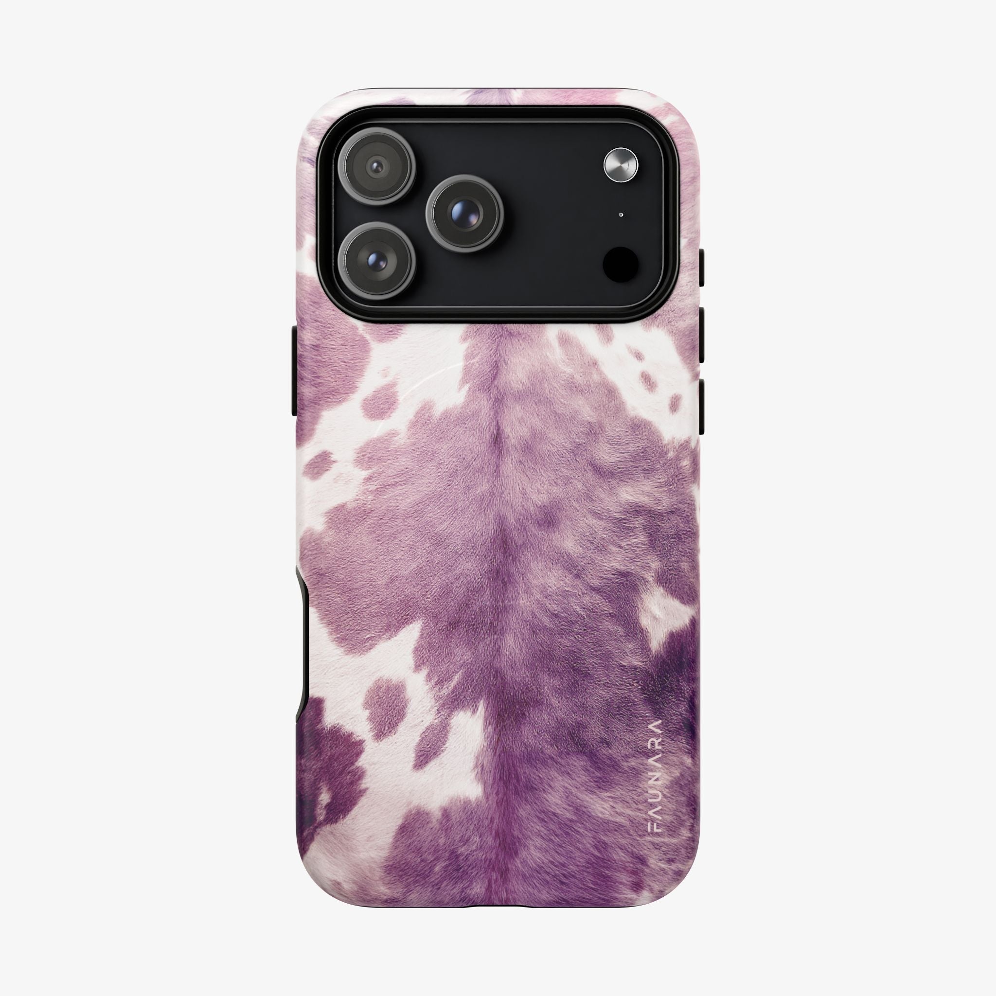 Close-up of a phone case with a soft purple and white velvety cowhide pattern, designed for MagSafe, featuring the text Champagne Velvet (Rose) | Signature Series Phone Case (MagSafe)
