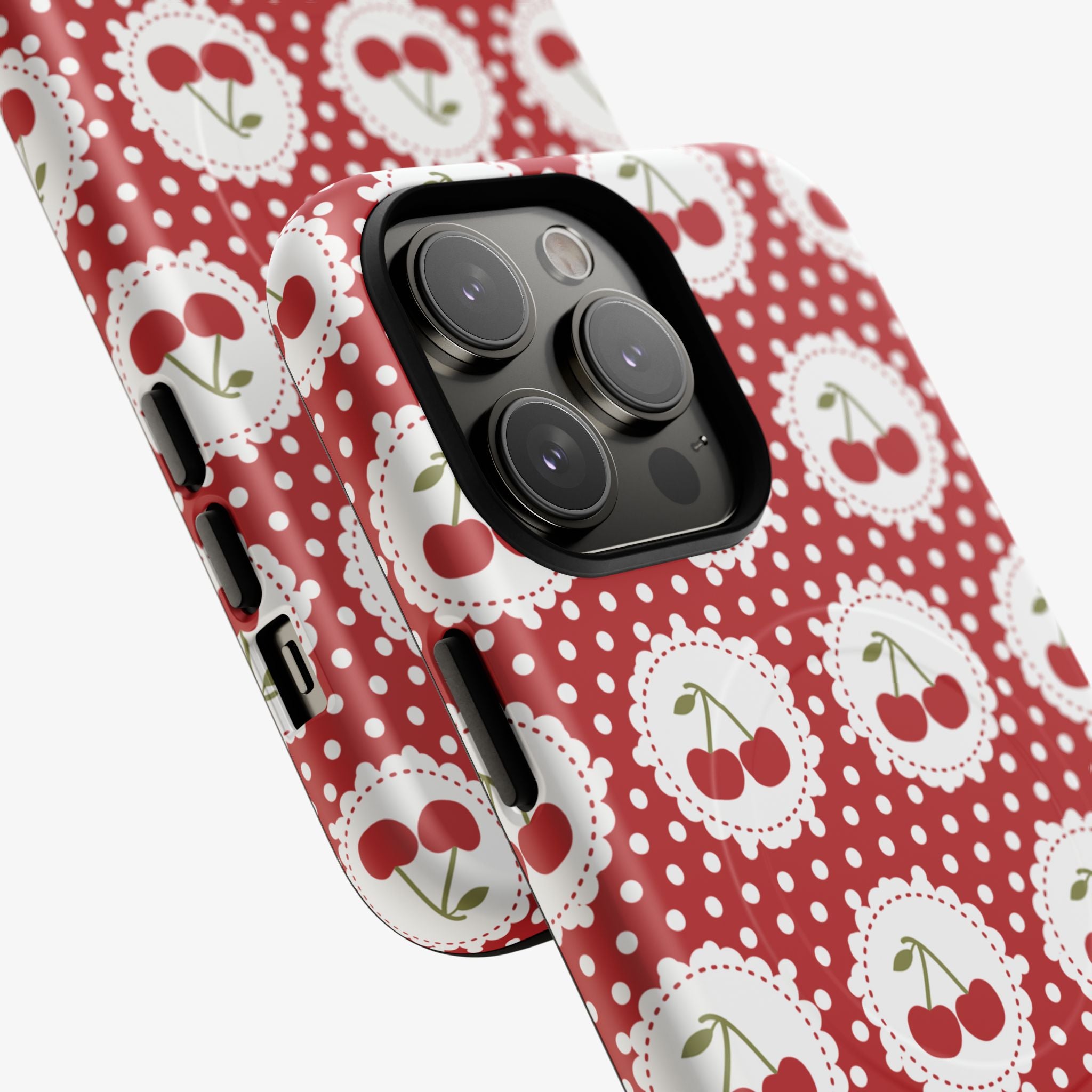 Picnic Preserves (Crimson) Signature Series phone case with glossy red cherry dot pattern and black camera cutouts