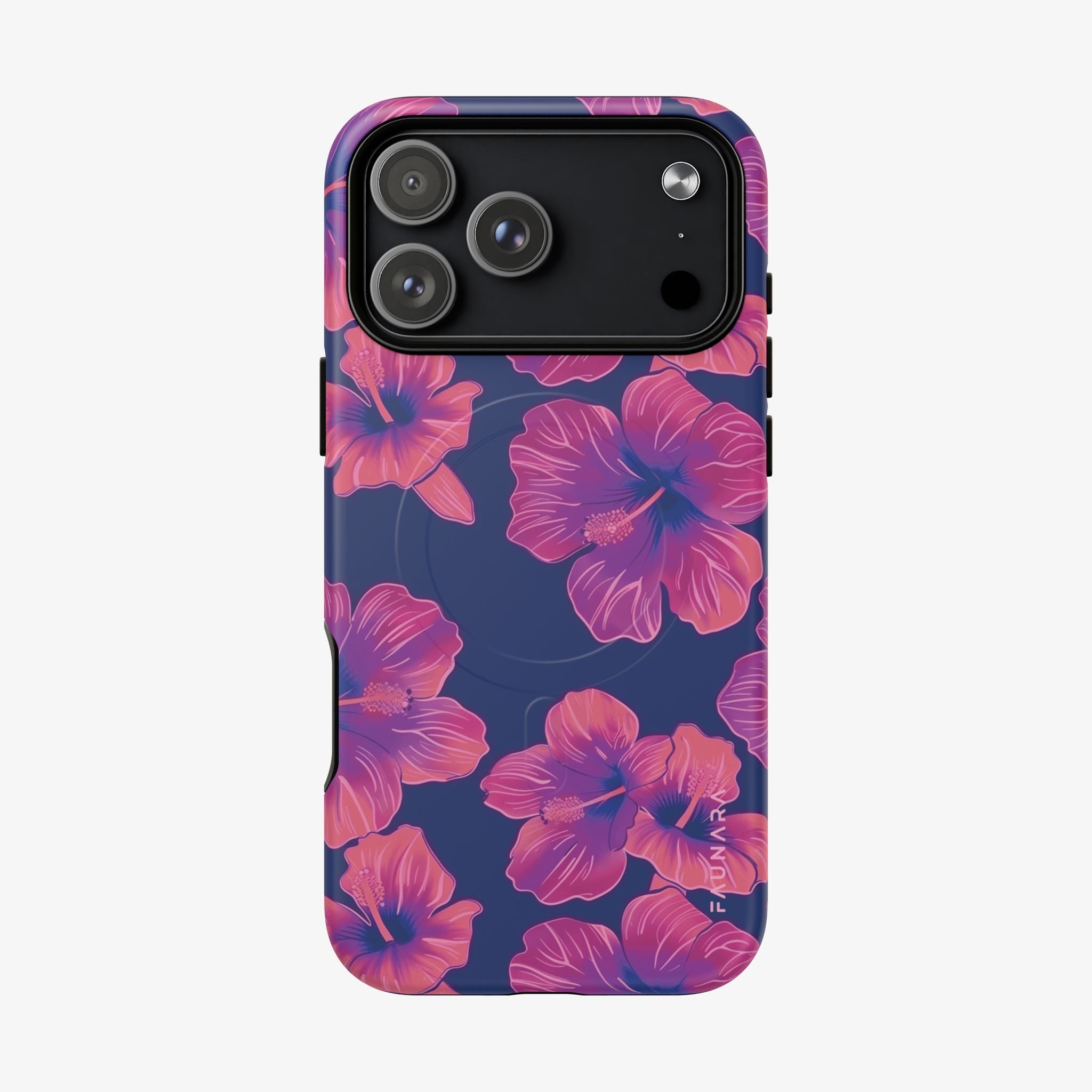 Maui Mood | Signature Series Phone Case (MagSafe) featuring a vibrant pink hibiscus floral pattern on a dark blue background, a stylish and protective phone case accessory.