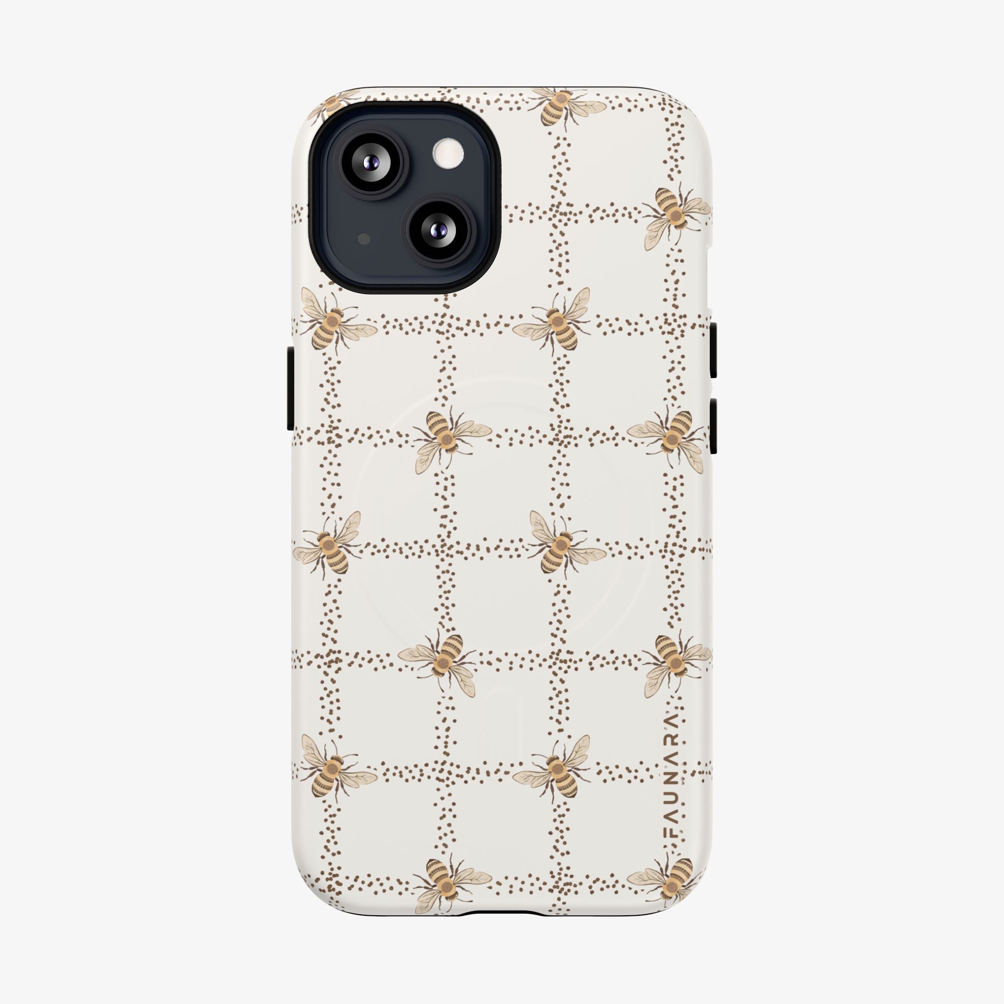 Phone case with bee pattern on a white background