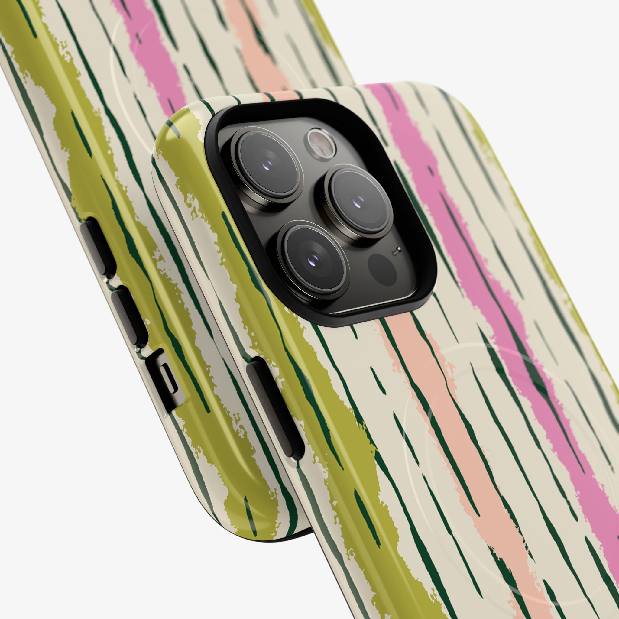 Melon Rush Signature Series phone case with MagSafe, glossy multicolor stripe design on green and pink.