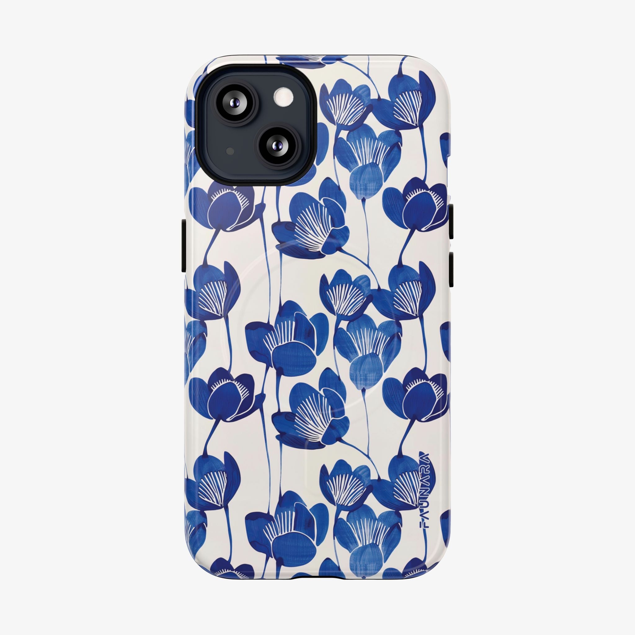 Phone case with blue floral pattern on a white background