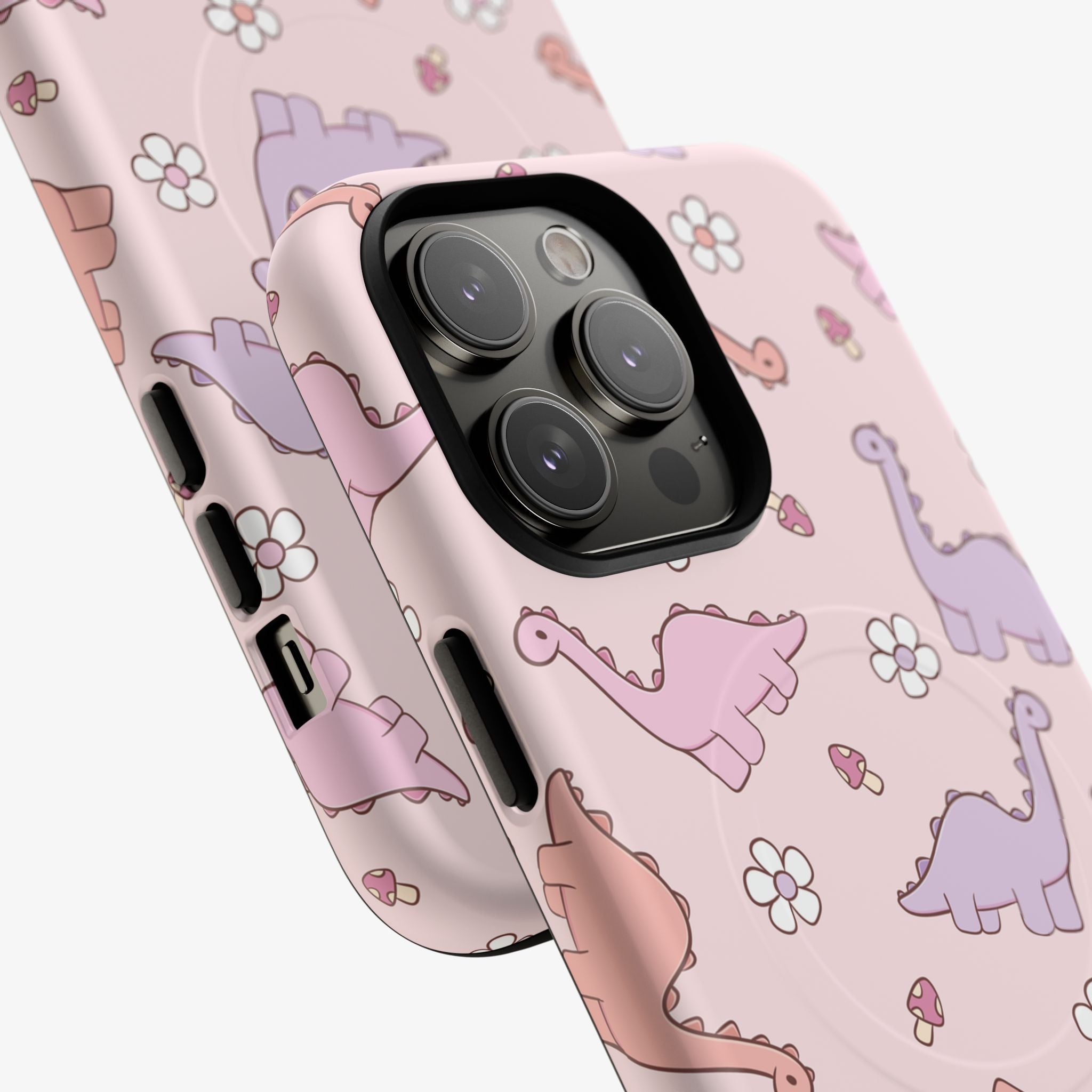 Jurassic Bloom Signature Series Phone Case (MagSafe) phone case in pink glossy finish with cute animals and flowers