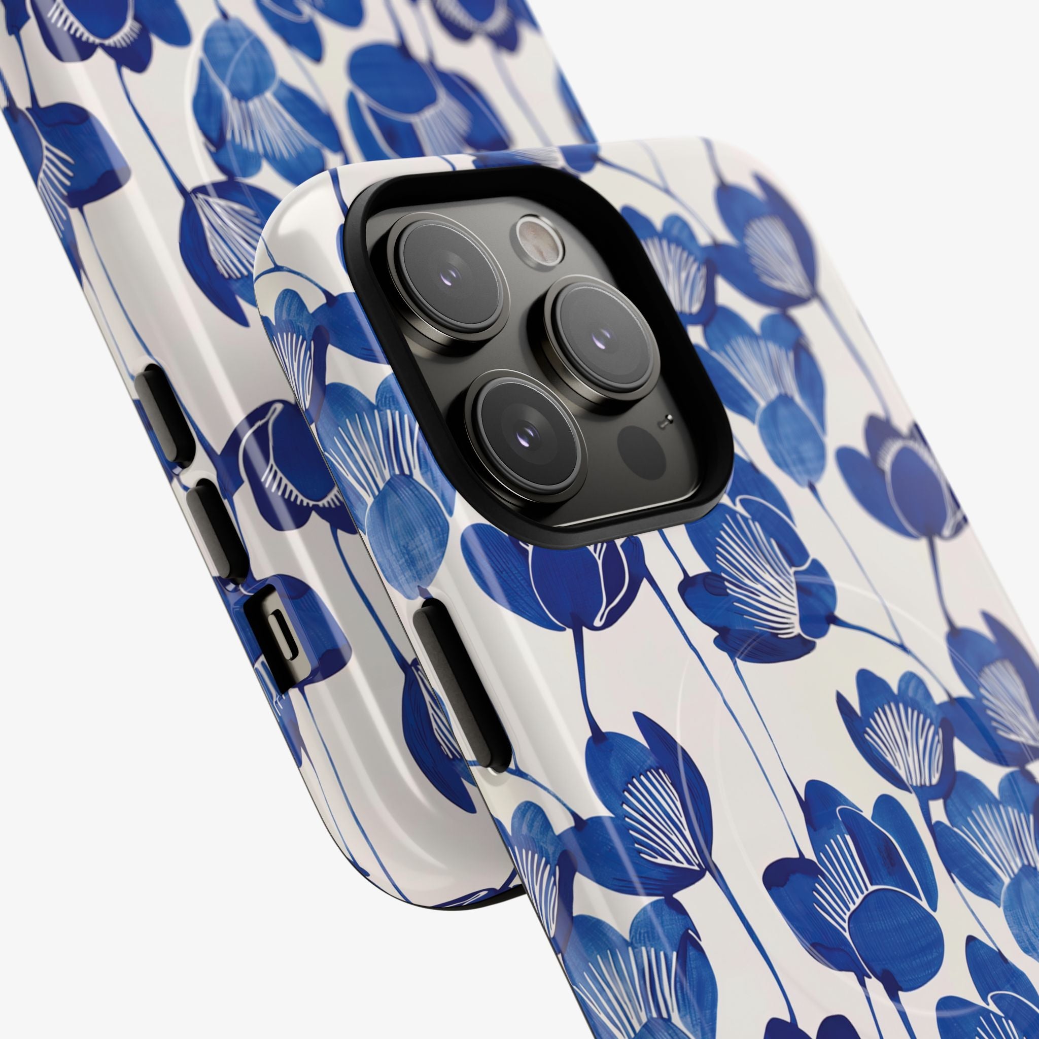Dynasty - Signature Series Phone Case (MagSafe) phone case with blue floral glossy finish on white, MagSafe cutouts