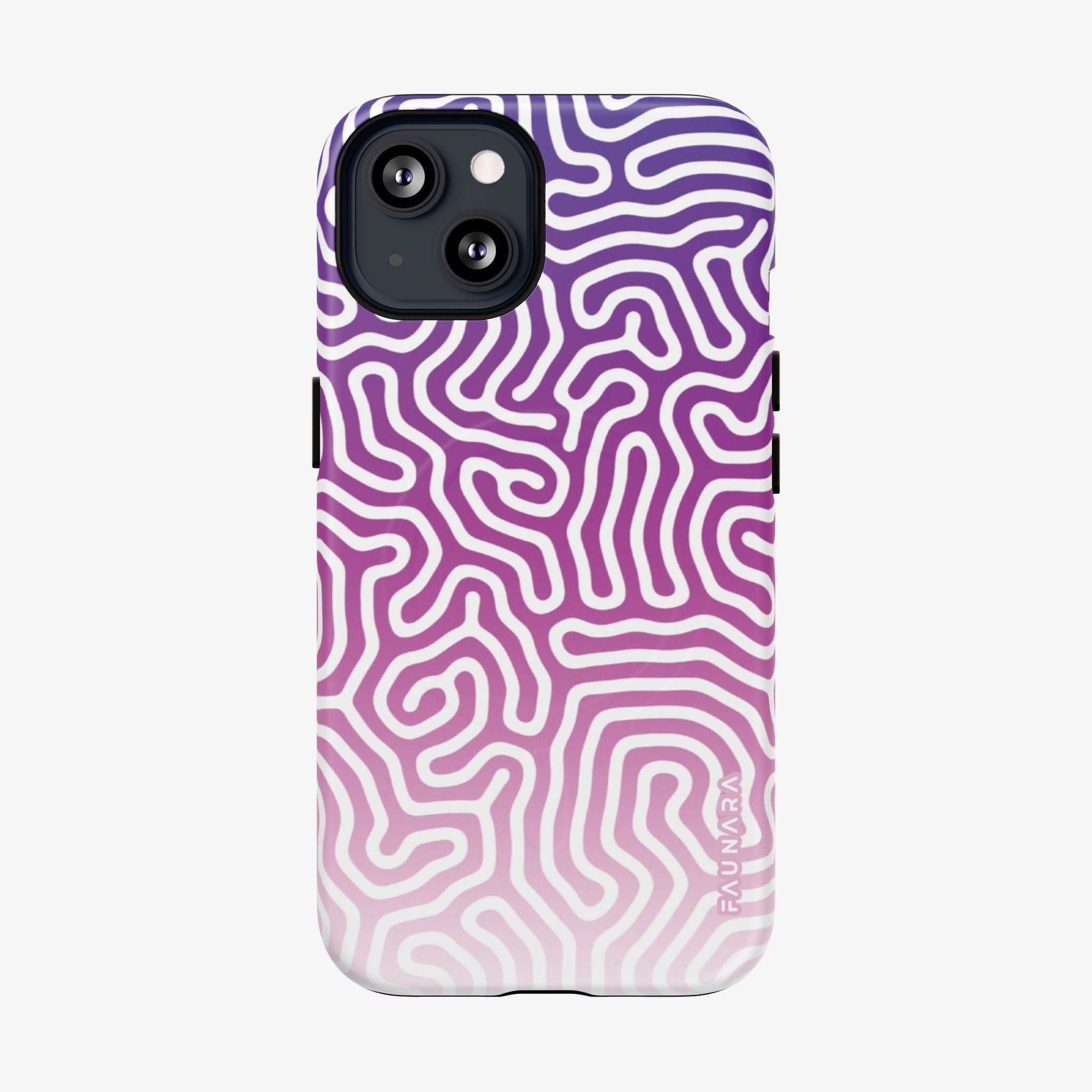 Phone case with a purple and white wavy pattern