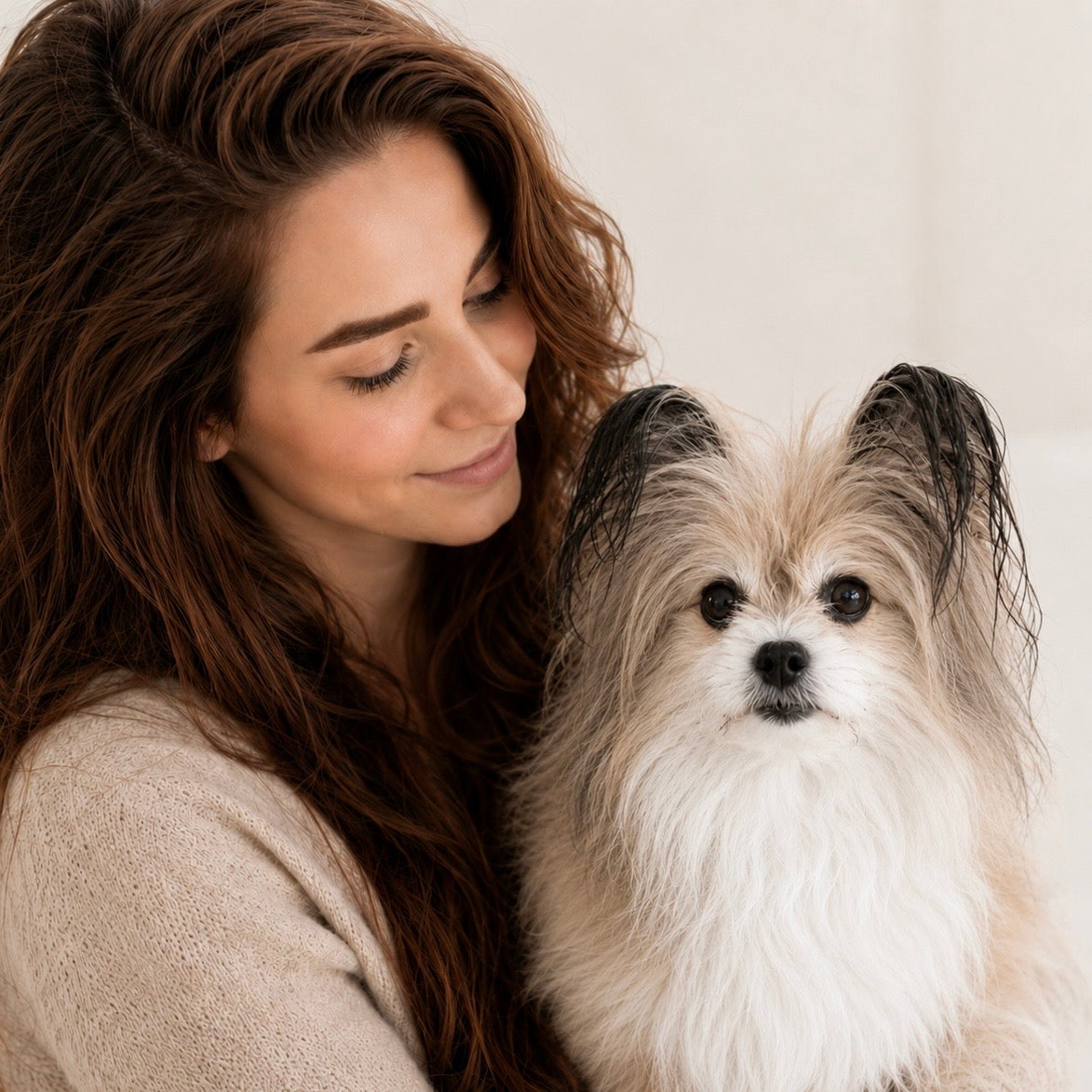 Woman in beige sweater cuddles a small shaggy white-and-gray dog, both looking at camera indoors